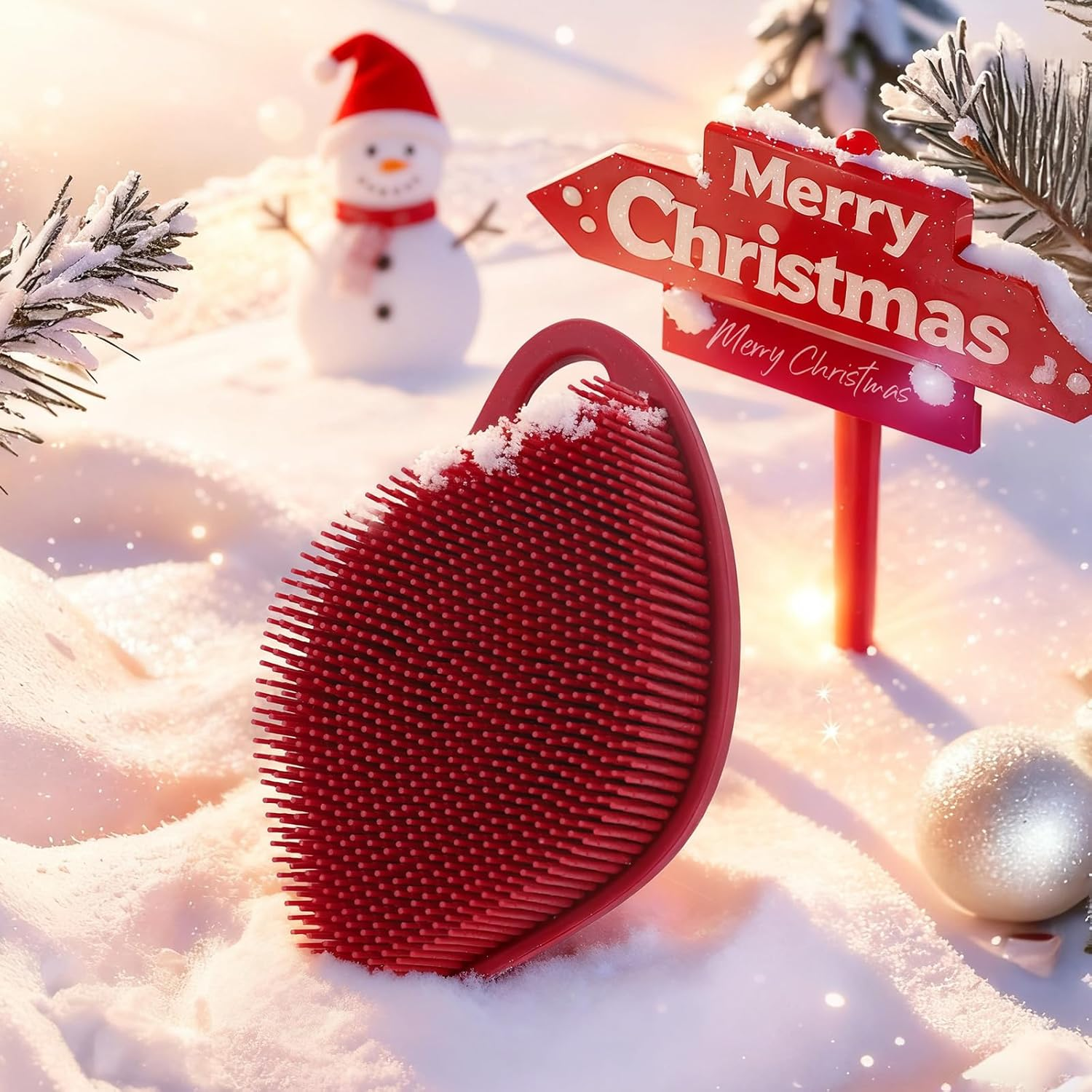 Sndyi Silicone Body Scrubber, Gentle Exfoliating Body Scrubber for Sensitive Skin, Leaf Shaped Shower Scrubber for Body with Lathering Bristles, Silicone Loofah Body Brush for Showering, Christmas Red image number 2