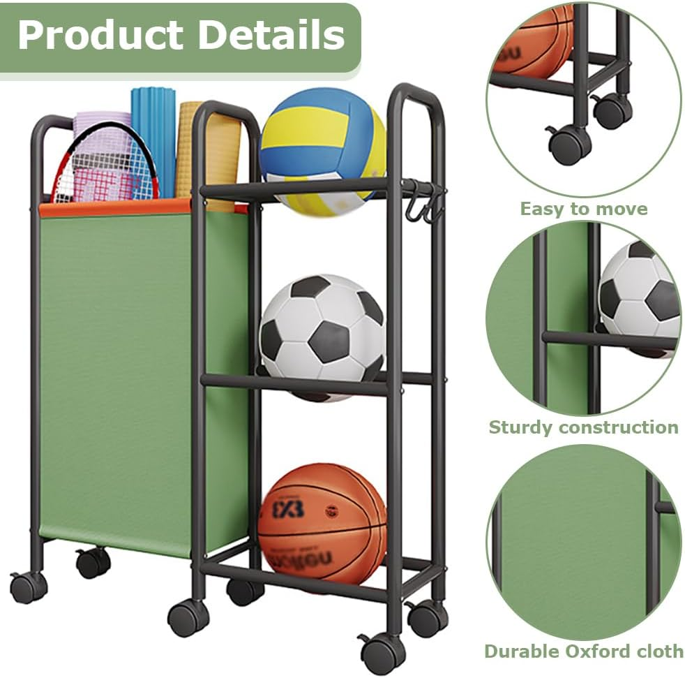 3-Tier Ball Storage Rack, Rolling Multi-Purpose Organizer Shelf, Heavy-Duty Rolling Cart, Space-Saving Durable for Basketball Volleyball Football Rugby Badminton image number 4