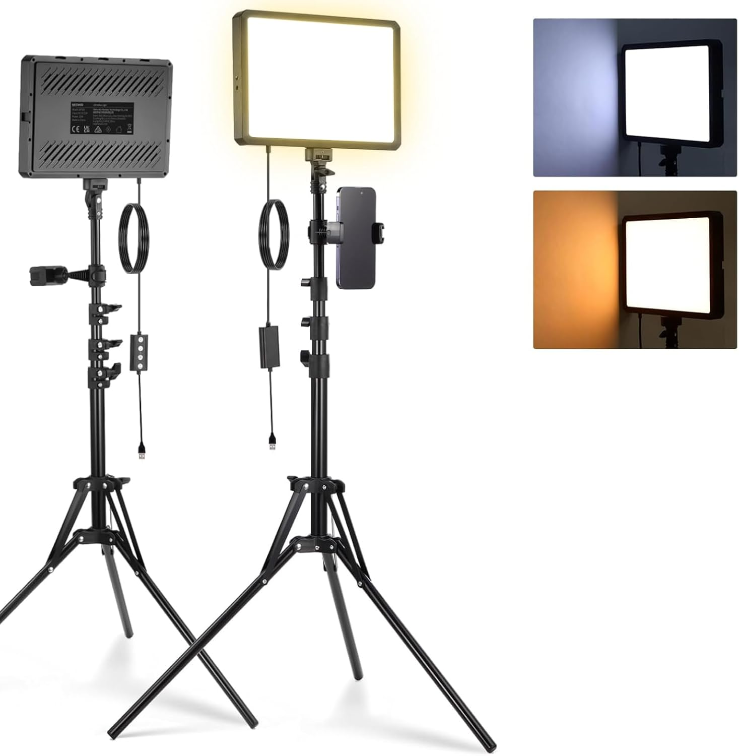 NEEWER Basics 2 Pack LED Video Light Panel with 59''/150Cm Tripod Stands & Phone Holders, 2700-6500K 850Lux Bi Color Dimmable Studio Lighting for Photography Filming Recording Live Streaming, BP300 image number 6