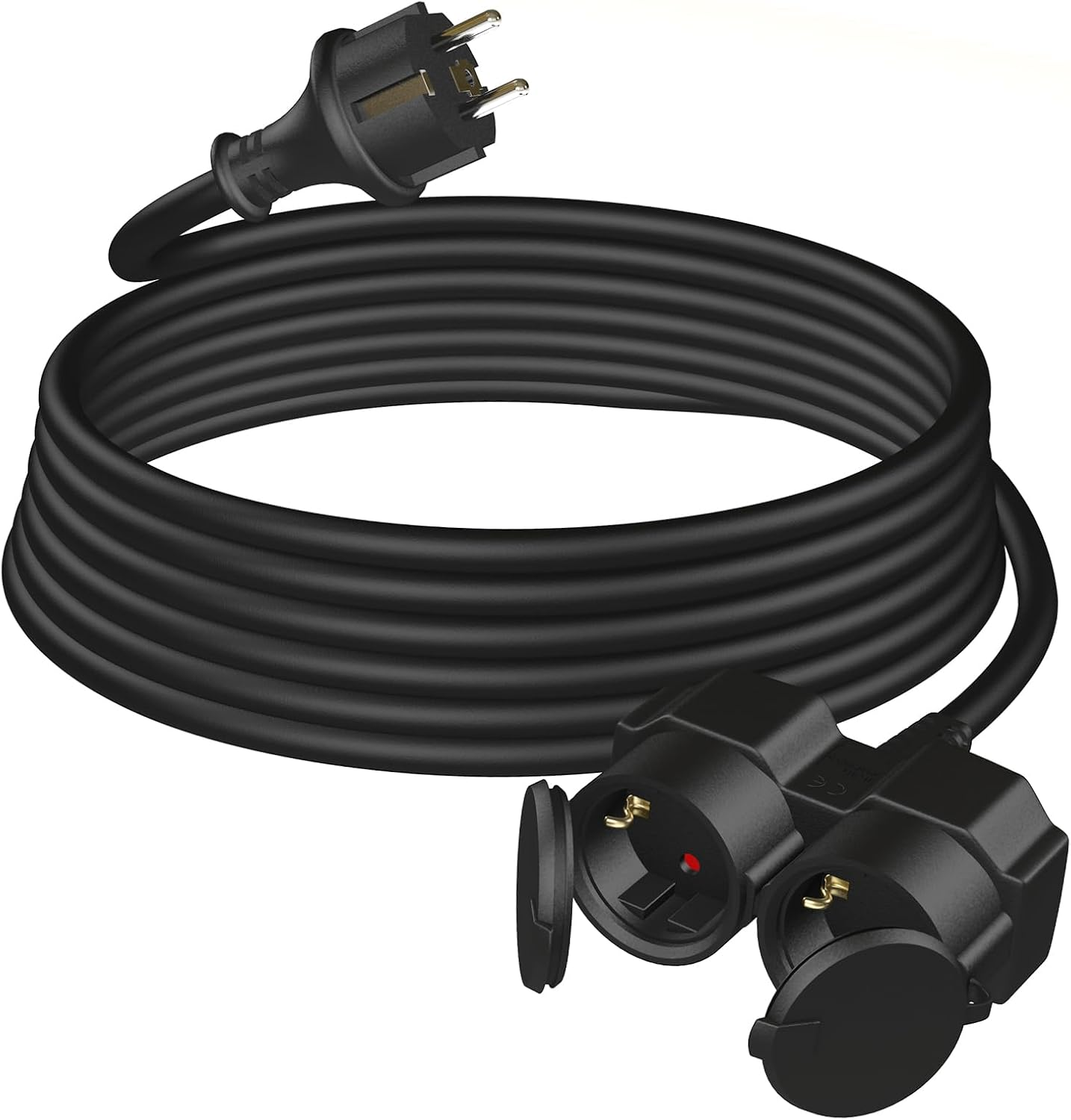Outdoor Extension Cable 10 M with 2 Schuko Sockets, Double Extension with Protective Cap for Outdoor Use, IP44, Power Cable with Double Coupling, Rubber Cable with 2-Way Sockets, 3500 W, Black image number 5