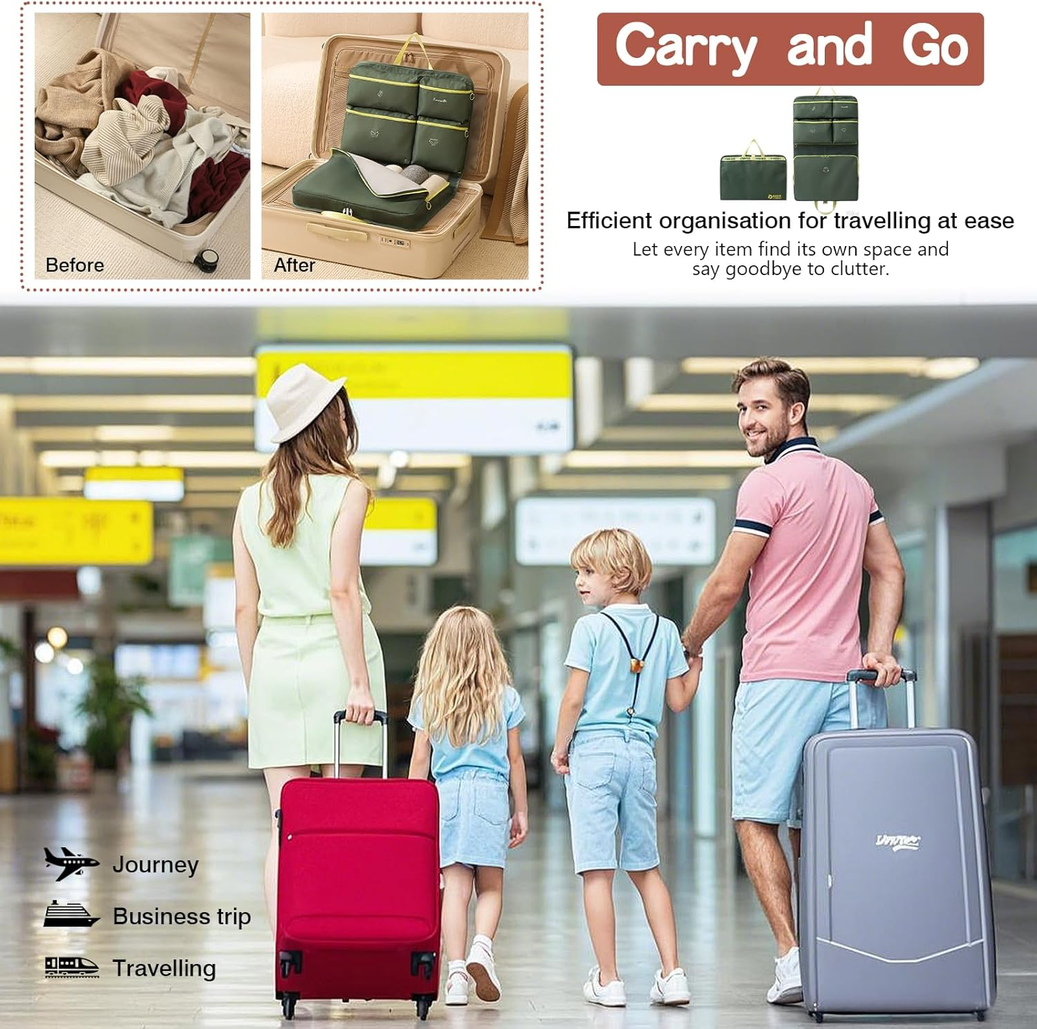 Hanging Shelves Travel Compression Packing Cube Organizer - Multi-Compartment Foldable Storage Bag (Olive Green) image number 3