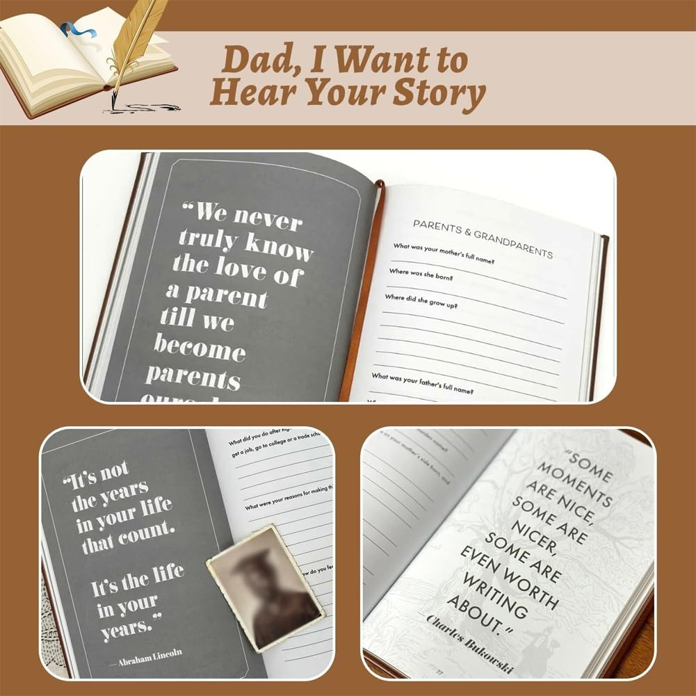 Geli I Want to Hear Your Story, a Father'S or Mother Guided Journal Book to Share His/Her Life Story Journal, Dad/Mother Journal Book with Durable Leather Wrapped, Portable Journal School Supplies (Dad-Brown) image number 3