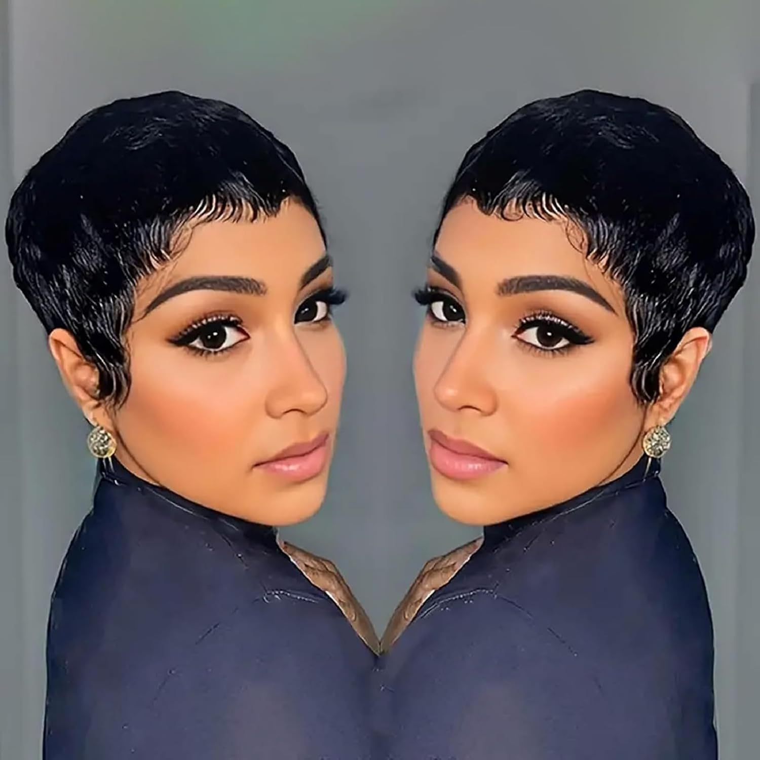 VCK Short Human Hair Wigs for Black Women Short Layered Pixie Cut for Women Black Bob Brazilian Remy Human Hair Glueless Full Machine Made