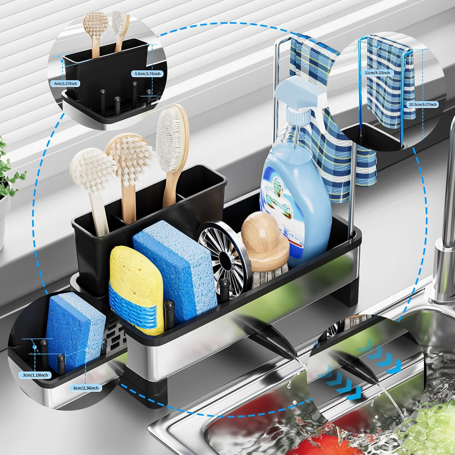 Sink Caddy, Kitchen Sink Caddy Storage with Dishcloth Holder Rack & Brush Holder and Self Drain Tray, Rustproof Sink Organiser Bench Top, Soap Dispenser Storage Accessories image number 4