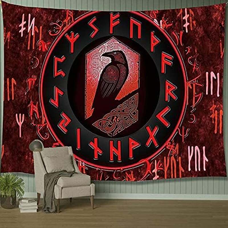 ST Soleme.Tc Norse Viking Tapestry for Bedroom Aesthetic Red Wall Hanging Raven Meditation Runes Nordic Pagan Tapestry Wall Art for Men Room Home Decor 59"X51" image number 5