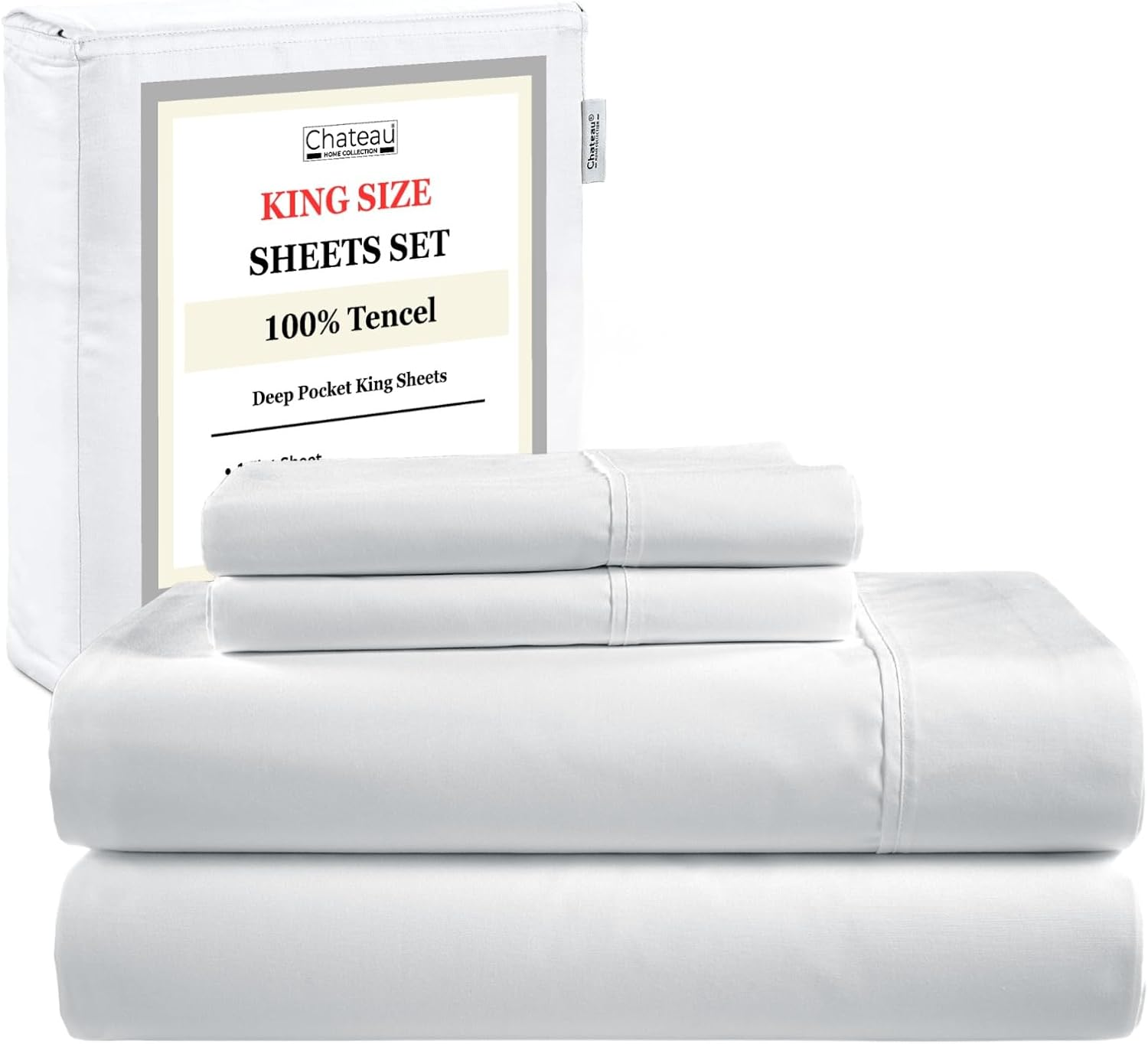 CHATEAU HOME COLLECTION Queen Sheet Set, Ultra Luxury Tencel, 4 Piece, White, Solid, Queen Size, Breathable, Cooling, Deep Pockets, Superior Softness