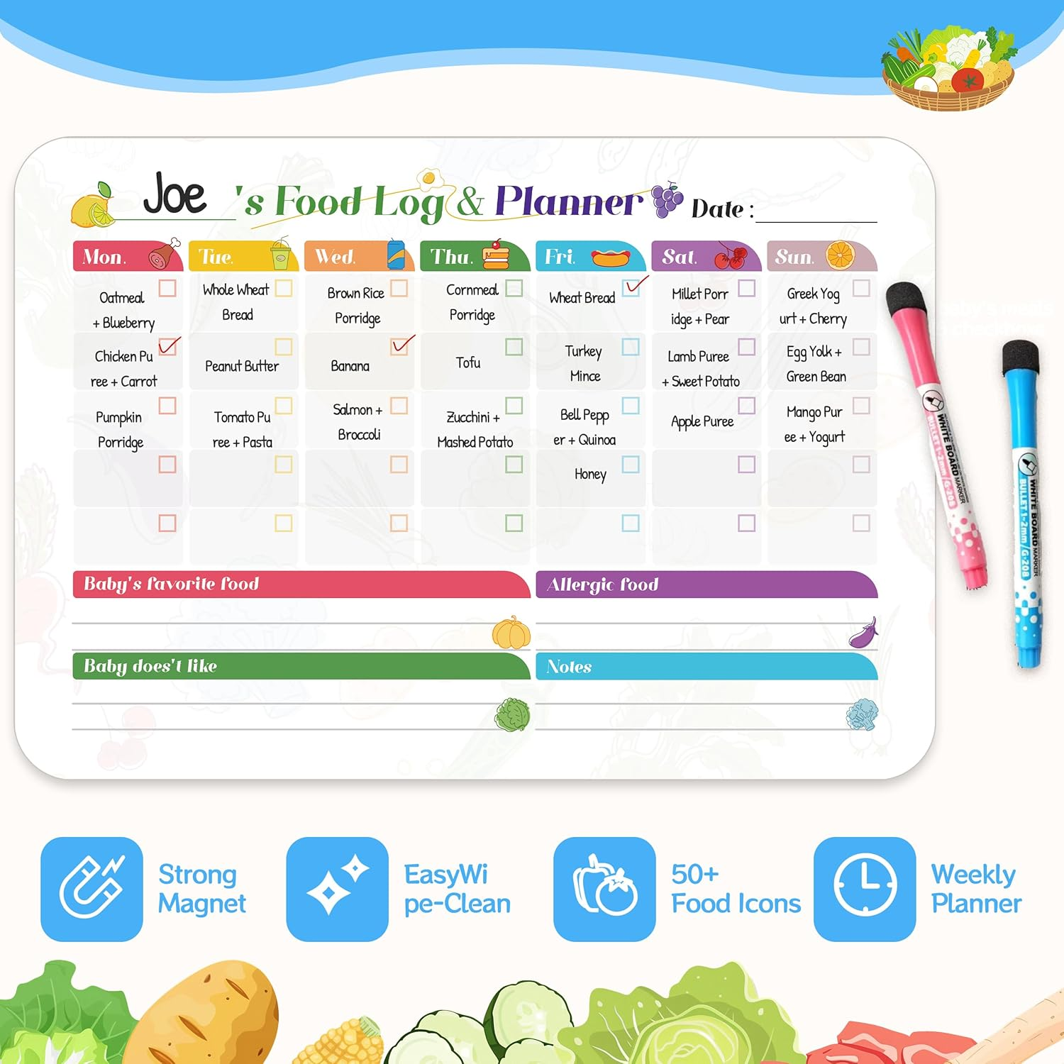 Baby Food Tracker Magnetic Chart &ndash; 100+ Aussie First Foods Checklist | Reusable Fridge Whiteboard for Weaning, Allergies & Meals (6M+) | 2 Markers & Eraser Included image number 6
