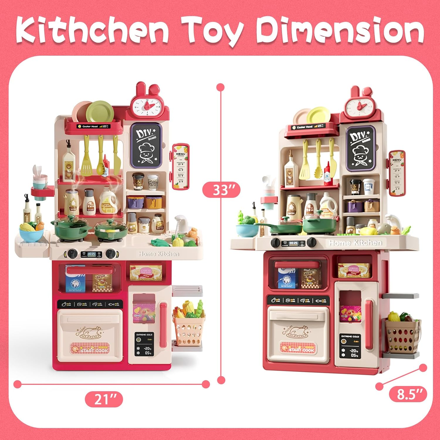Hitish Kids Kitchen Playset Set, 63PCS Pretend Play Kitchen Toys for Toddlers, Cooking Stove with Steam Sound Light, Play Sink with Manual Faucet, Play Food Accessories for Girls Boys, 33&rsquo;&rsquo;H image number 5