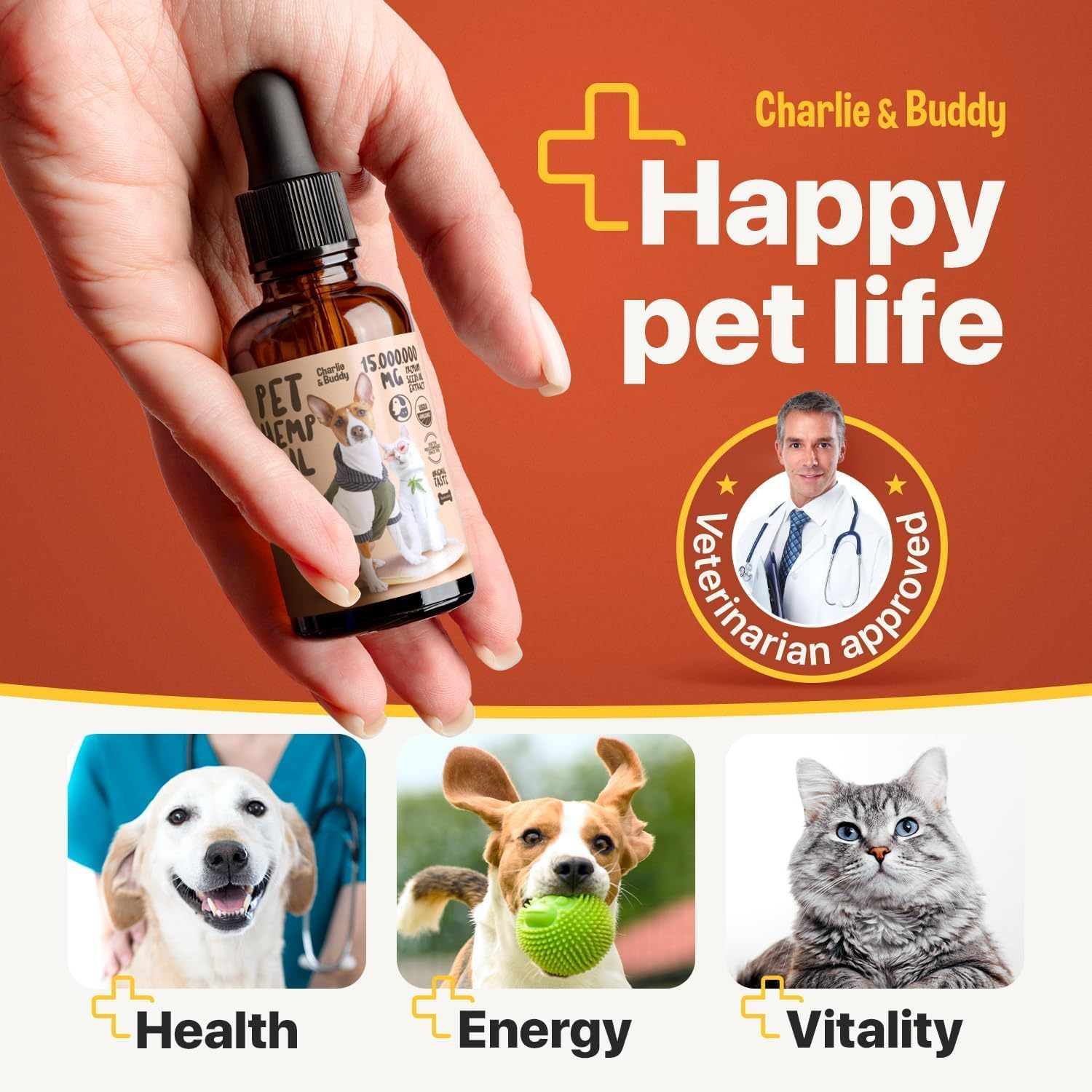 Charlie Buddy - Oil for Dogs Cats - Hip and Joint Support and Skin Health - Anxiety, Calm, Pain - Omega 3, 6, 9 and Vitamins B, C, E image number 4