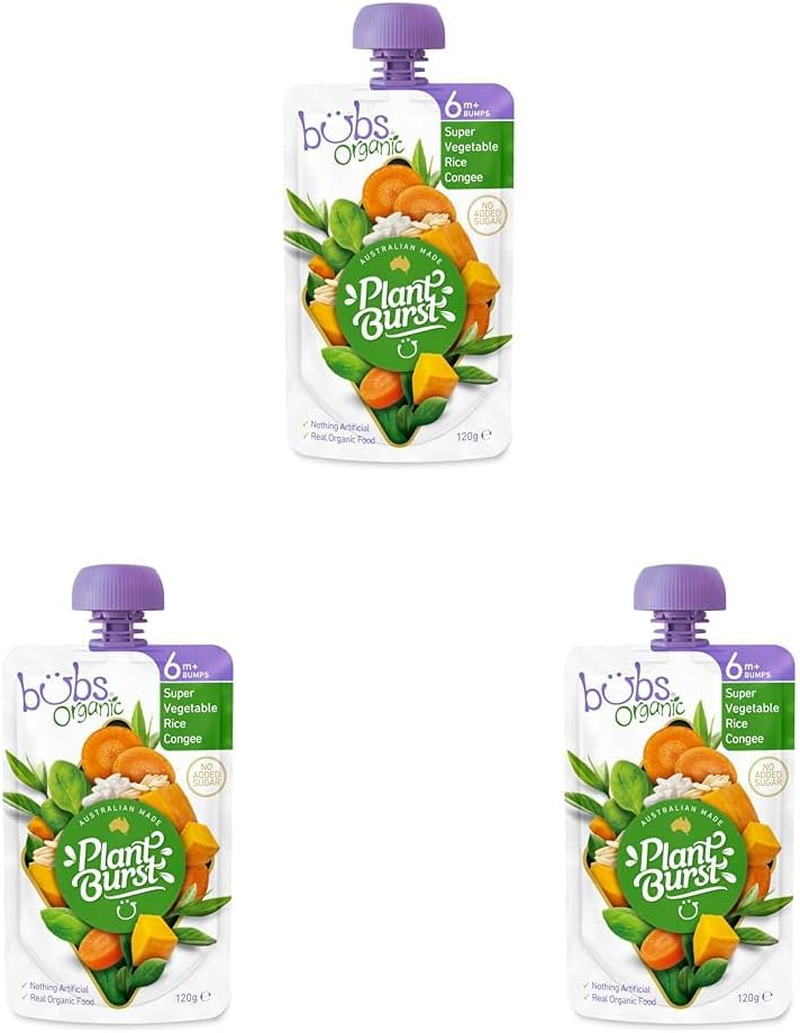Bubs Organic Super Vegetable Rice Congee Pouch, 6+ Months Baby Food, Veggie Puree Snack, No Added Sugar, 120G (Pack of 3) image number 2