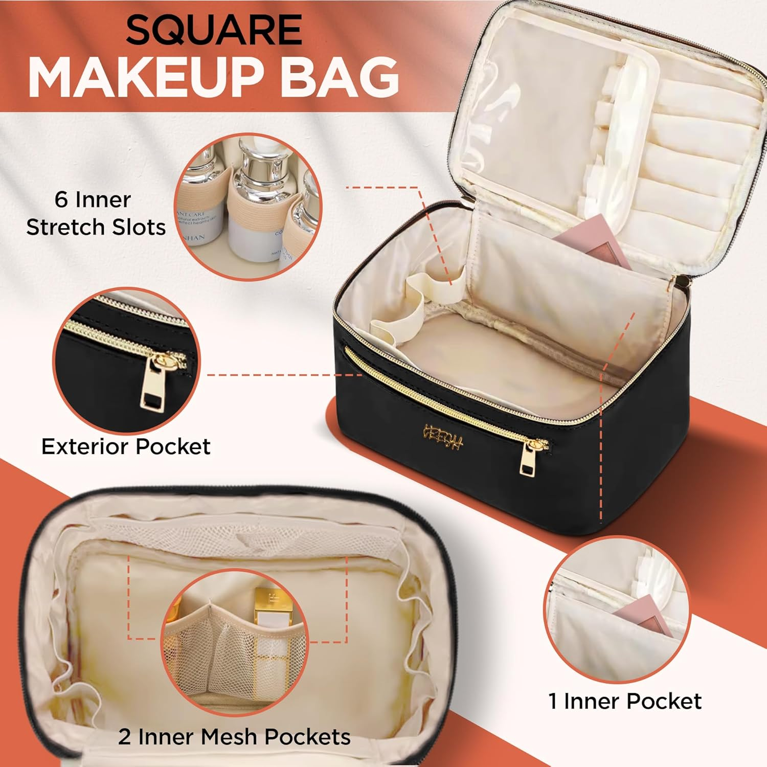 Leesh & CO Makeup Bag - Large Travel Cosmetic Organizer with Brush Holders for Women - Eco-Friendly Vegan Leather, Waterproof & Durable Cosmetics Bag - Perfect for Toiletries, Beauty Products (Black) image number 5