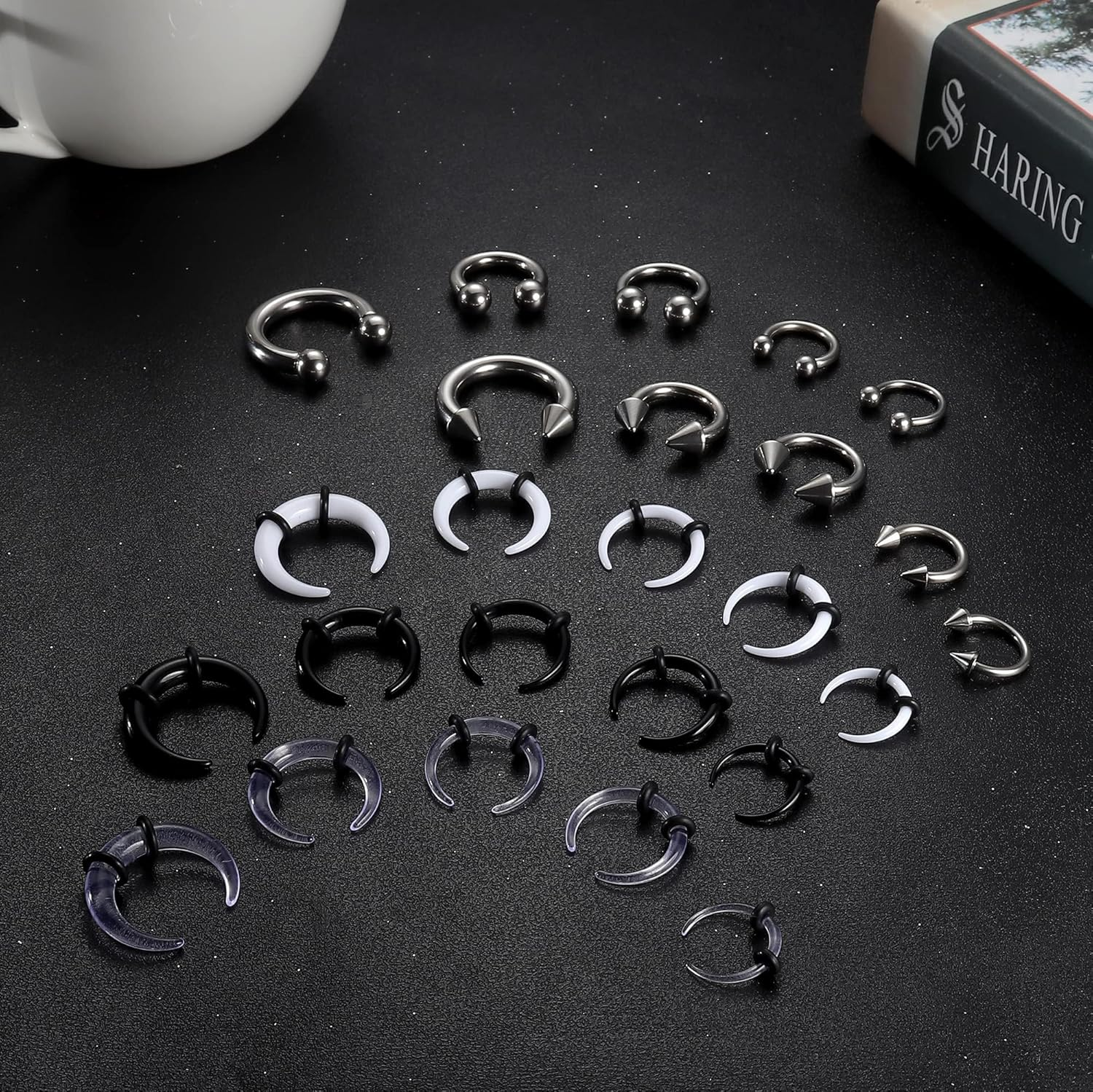 Kakonia 25Pcs 14G-6G Septum Pincher Tapers Horseshoe Septum Rings Acrylic& 316L Stainless Steel Internally Threaded Spike Ball Circular Barbell Ear Nose Septum Stretching Kit for Women Men image number 1