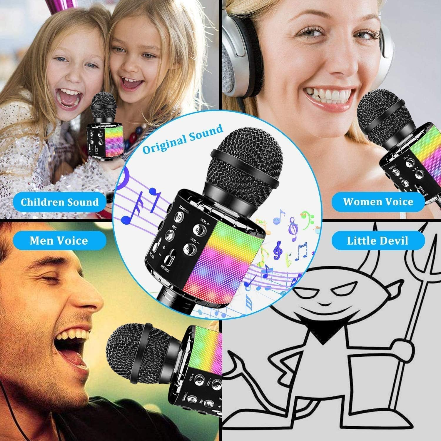 Wireless Bluetooth Karaoke Microphone with Controllable LED Lights, Jfmshop 4 in 1 Portable Karaoke Machine Speaker for Android/Iphone/Pc, Best Gifts Toys for Girls & Boys (Black)