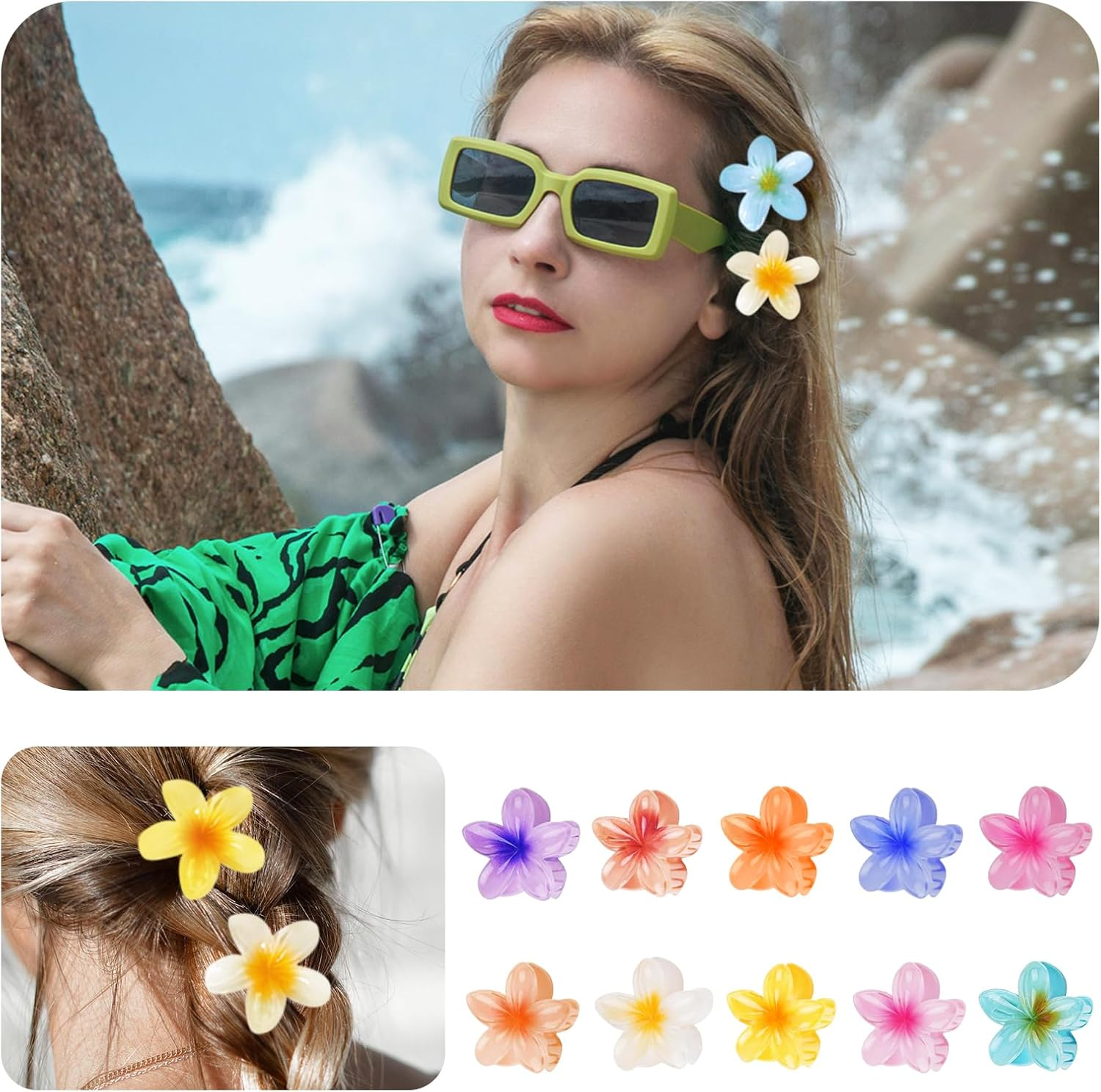 10Pcs Small Flower Hair Claw Clips for Women and Girls, Mini Hawaiian Hibiscus Claw Clips, Summer Hair Accessories for Thick, Thin, Curly Hair, for All Hairstyles