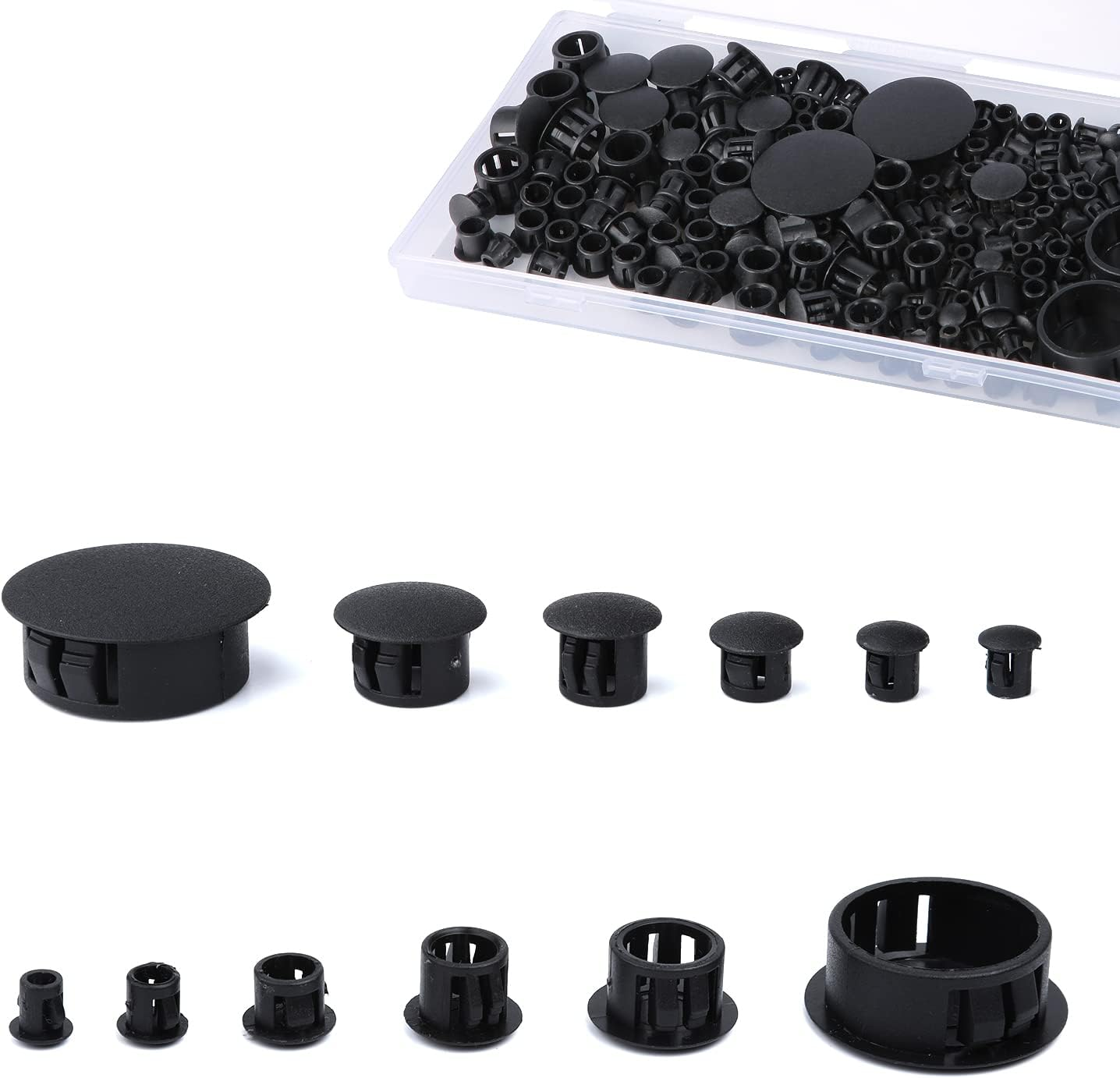 Savita 155 Pcs 6 Sizes Plastic Hole Cover for Desk, 3/16", 1/4", 5/16", 3/8", 1/2", 1" Plastic Hole Plugs Furniture Hole Plugs for Kitchen Cabinet Furniture (Black) image number 4