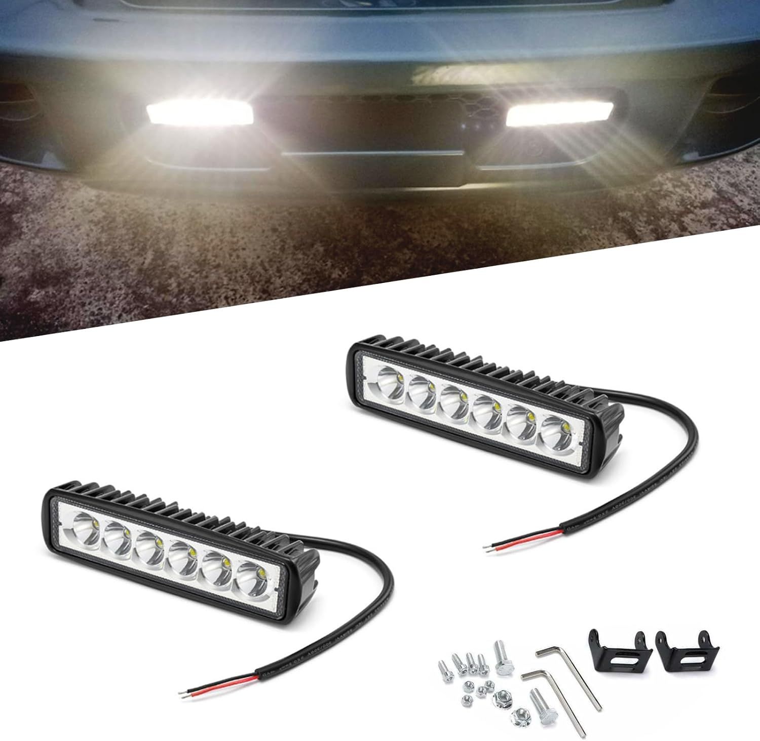 Fluher 2 PCS Car LED Daytime Running Light, 12V 18W 6000K 1200LM IP67 Waterproof Vehicle Auxiliary Light, Cars, Motorcycles, Off-Road Vehicles, Trucks, Forklifts, Boats General (White)