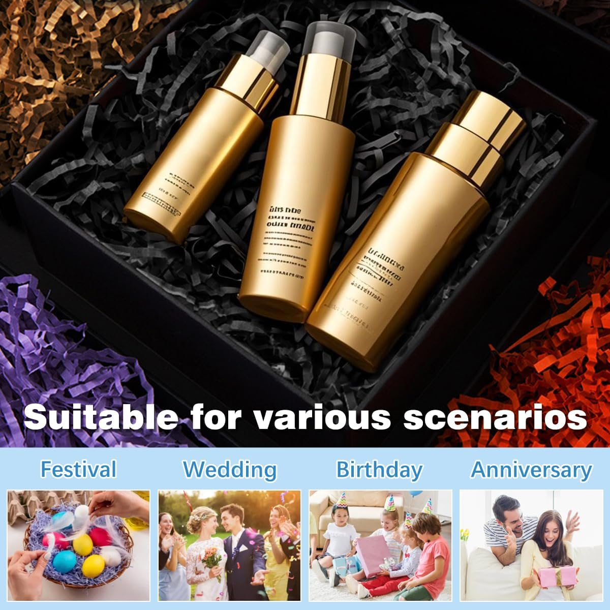 Crinkle Cut Paper 200G Shred Filler for Gift Wrapping & Basket Filling,Crinkle Paper Tissue Paper Raffia Paper for Gift Box Easter Basket Grass Christmas Mother'S Day Birthday Gift Wrapping (Black) - Black image number 5