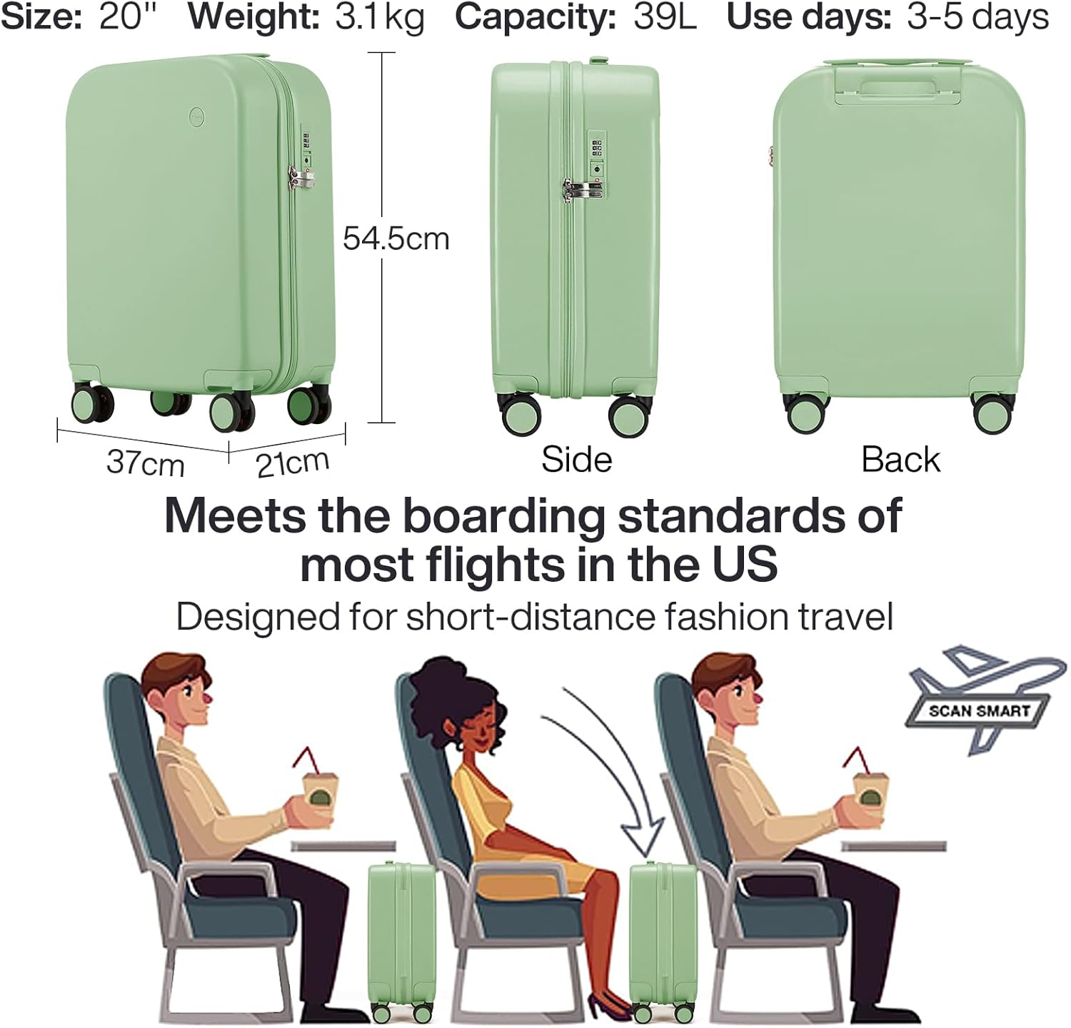 Mixi 20 Inch Hardshell Carry-On Luggage,Lightweight Rolling Suitcase with 360&deg;Spinner Wheels,Combination Lock,Organised Interior & Cover,Ideal for Business Travel, Avocado Green image number 3