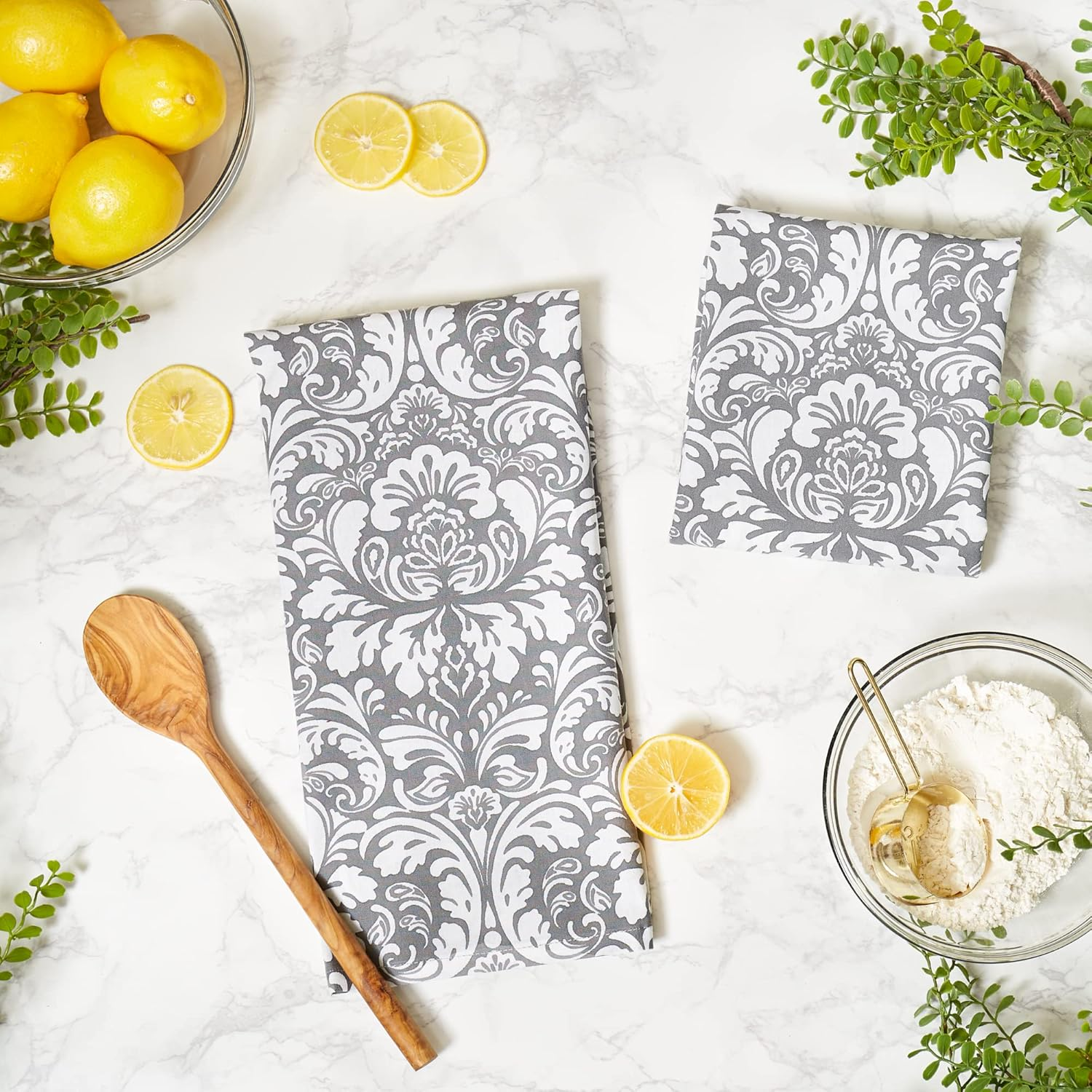 DII 100% Cotton, Everyday Basic Kitchen Dishtowel, Tea Towel, Drying, Damask Printed, 18 X 28 Set of 2- Gray - Eggplant image number 3