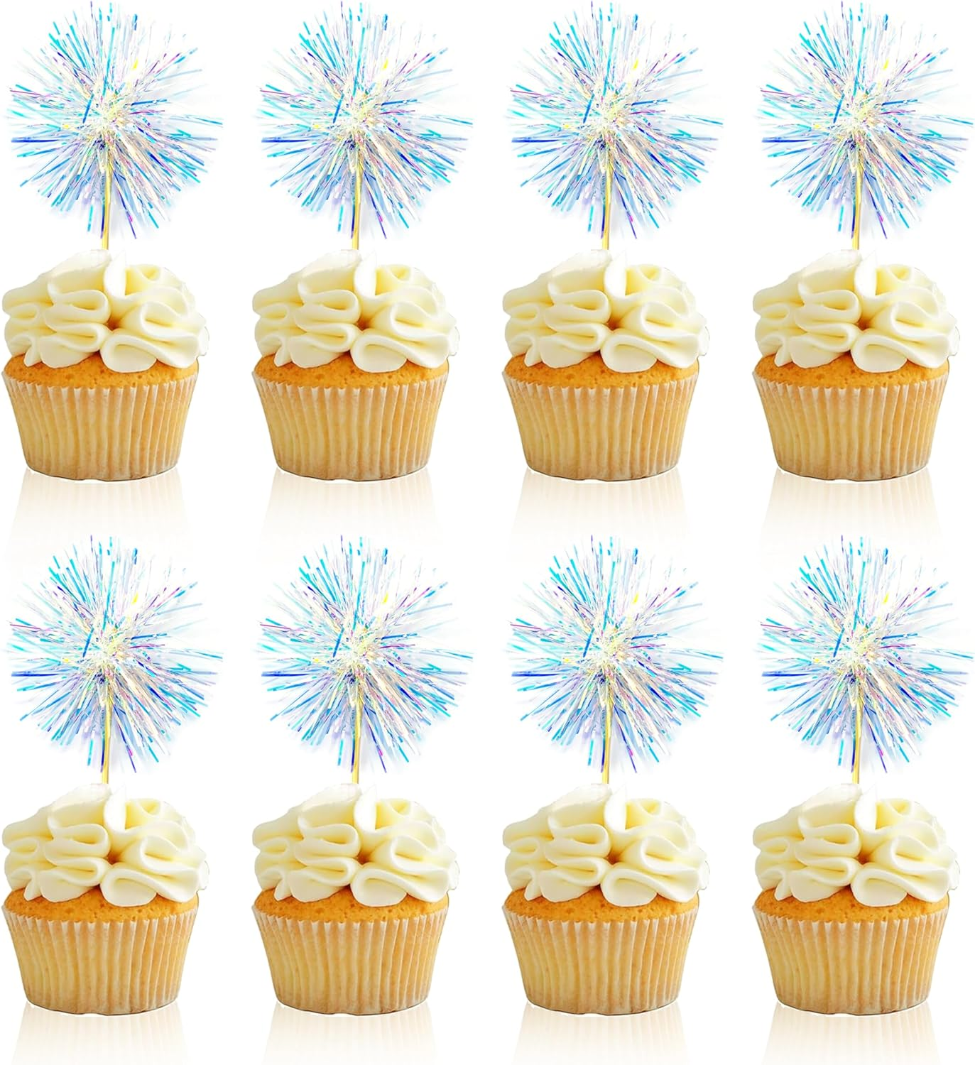 30PCS Foil Firework Cupcake Toppers, Takemay Happy Birthday Rose Cake Toppers, Sparkle Tinsel Flower Drink Stirrers Cocktail Food Fruit Toothpicks for Xmas Party Birthday Wedding Ceremony - Blue+Purple image number 6