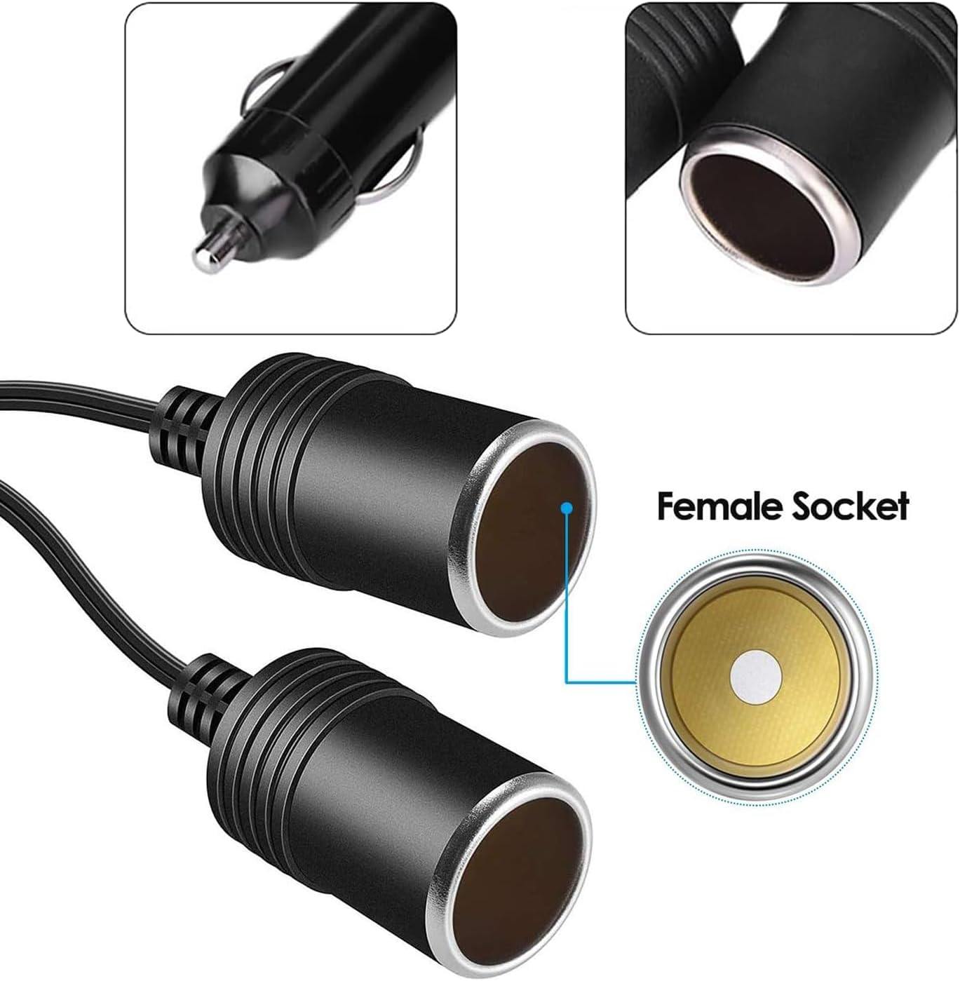 1 to 2 Car Cigarette Lighter Splitter Adapter, 12V to 24V Plug Socket Y Adapter with 15A Fuse, 9.84" Extension Cord and Dual Charger Ports for Simultaneous Charging in Cars Trucks Rvs image number 2