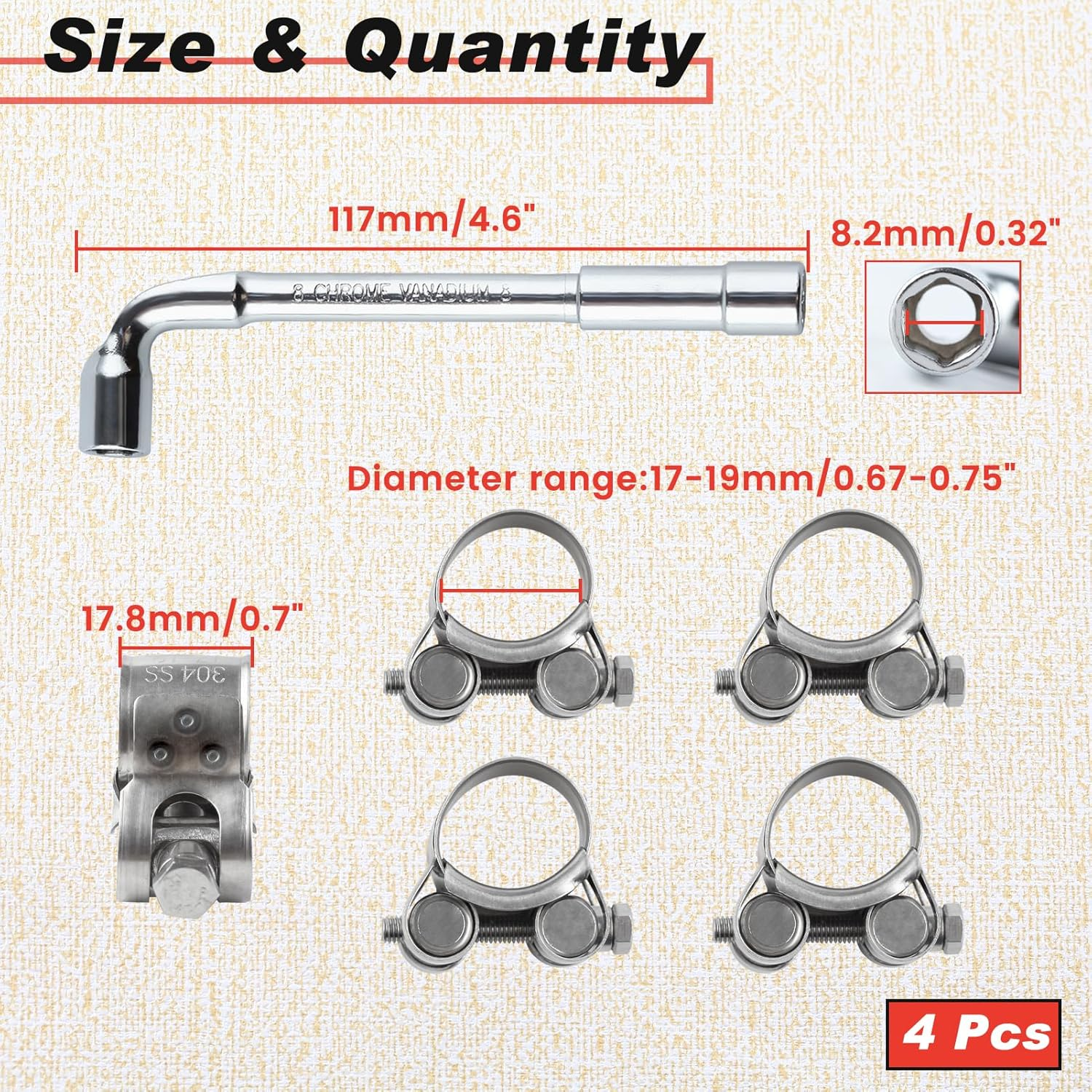 LEONTOOL 4 PCS 17-19Mm Range T-Bolt Hose Clamps, Heavy Duty Adjustable Pipe Clamps with Wrench, 304 Stainless Steel Turbo Pipe Clamps for Automotive Intercooler Radiator Heater High Pressure Hose image number 1