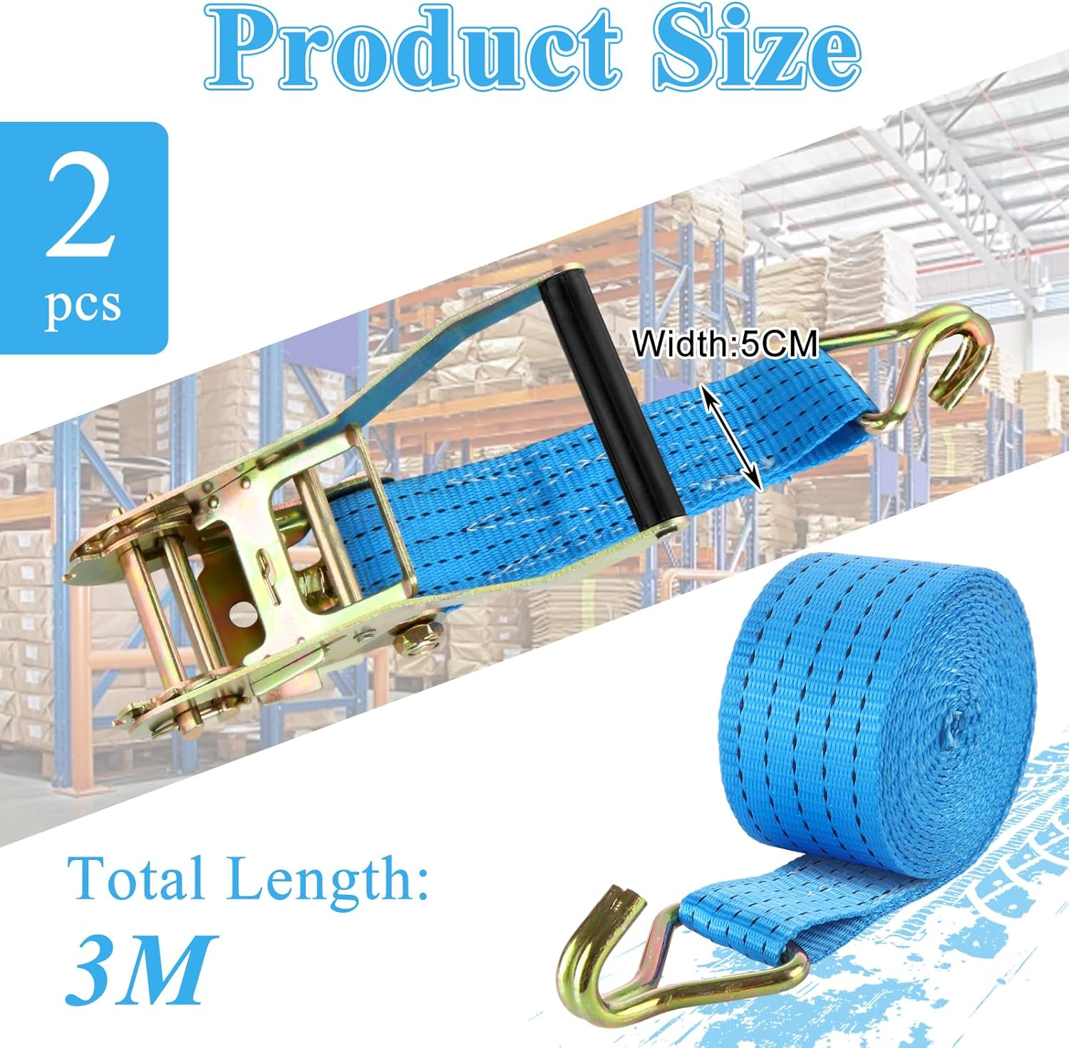 VIDETOL Pack of 2 Tie down Straps with Ratchet and Hook, 3 M 50 Mm Ratchet Straps Lashing Straps Two-Piece 4T Heavy Duty Lashing Strap Blue for Load Securing, Camping and Luggage Removal image number 3