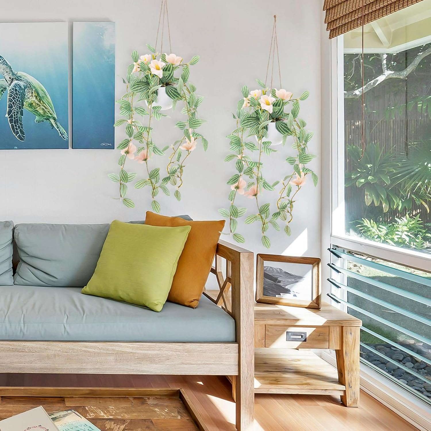 2 Pack Fake Hanging Plants Artificial Decor Simulation Hanging Plants with Champagne Flower Samll Natural Ivy Greenery D&eacute;cor Bedroom Garden Farmhouse Wall Shelf Indoor Outdoor - Pink image number 2