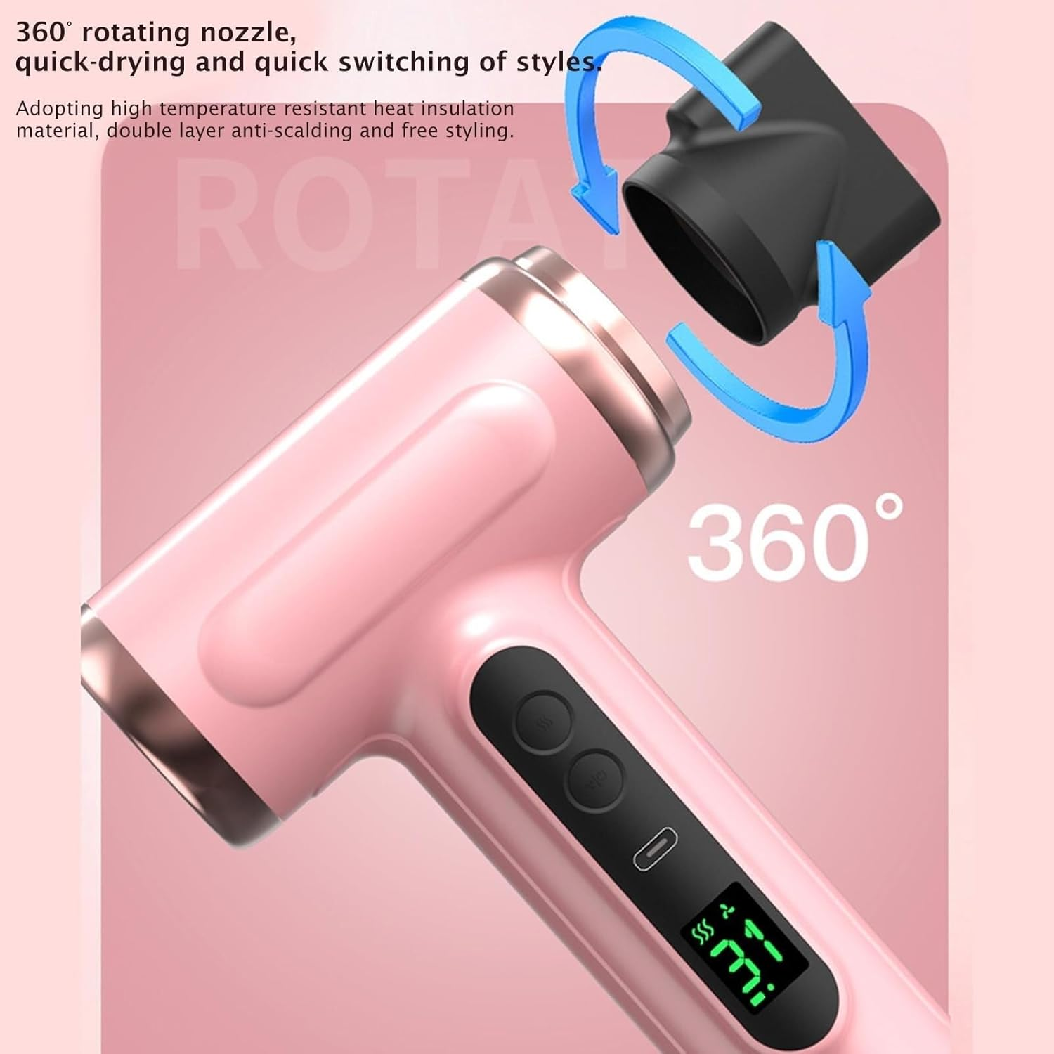Cordless Travel Hair Dryer Rechargeable, 3 Speeds or 3 Temperatures, Digital Screen Compact, Lightweight, Fast Drying for Women or Men on the Go (Pink) - Pink image number 6