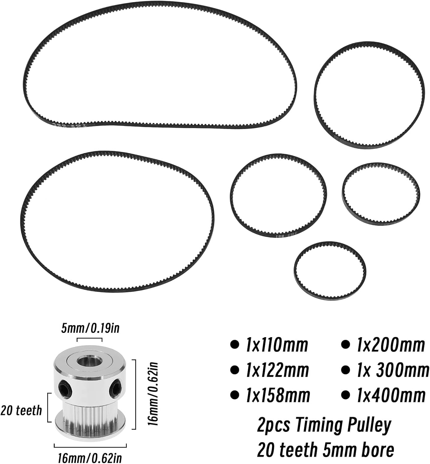 6PCS 2GT-6 3D Printer Timing Belt Set - 6Mm Width, 110Mm to 400Mm Lengths, 20 Tooth 5Mm Bore Aluminium Pulley