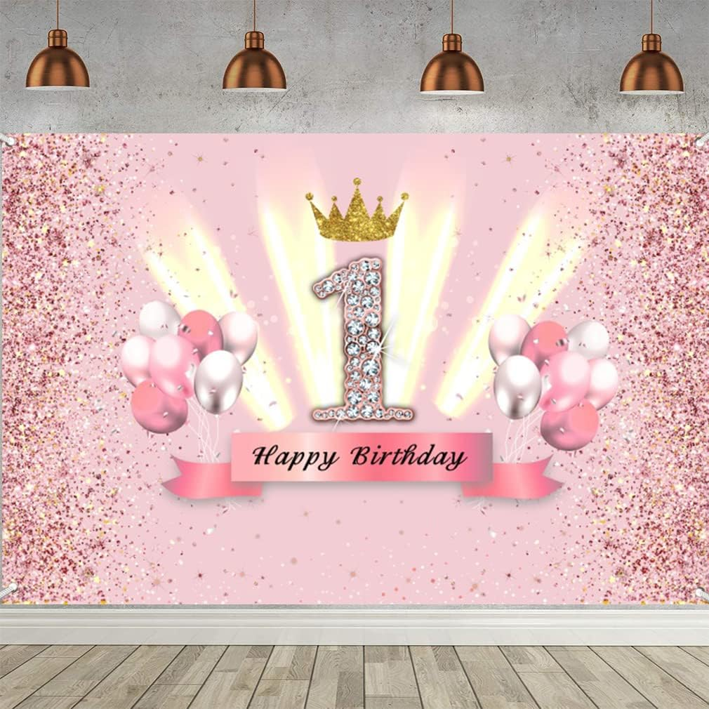 1St Birthday Decorations Party Decor for Girls Fabric Sign Poster Backdrop Banner Party Supplies Glitter Pink, 59"X35.4 image number 4