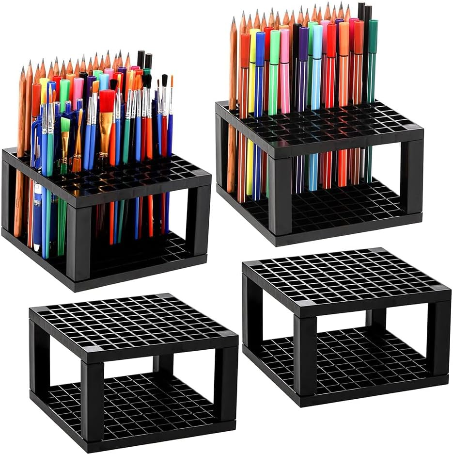 4-Pack 96-Hole Pencil and Brush Holder, Removable Plastic Pen Holder, Desktop Storage, Brush Drain, Can Store Pencils, Pens, Paintbrushes, Office Supplies, Art Supplies, Makeup Brushes (Black)