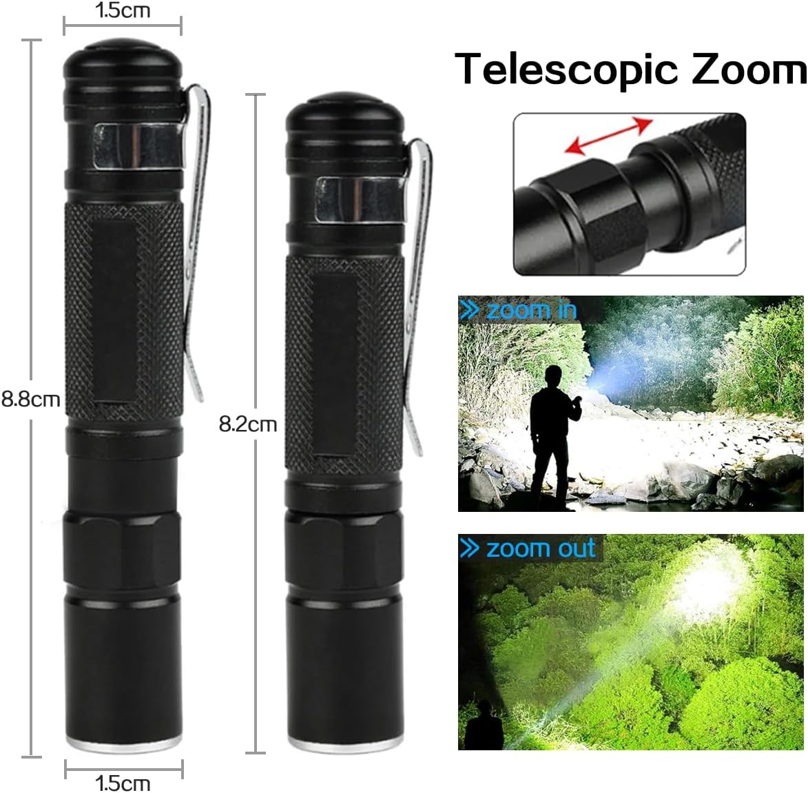 MODOAO Led Flashlights High Lumens, Multifunctional Telescopic Zoom Flash Light, Pocket Size Torch with High Light Mode, Mini Tactical Torch Light for Camping, Hiking, Fishing, Hunting image number 3