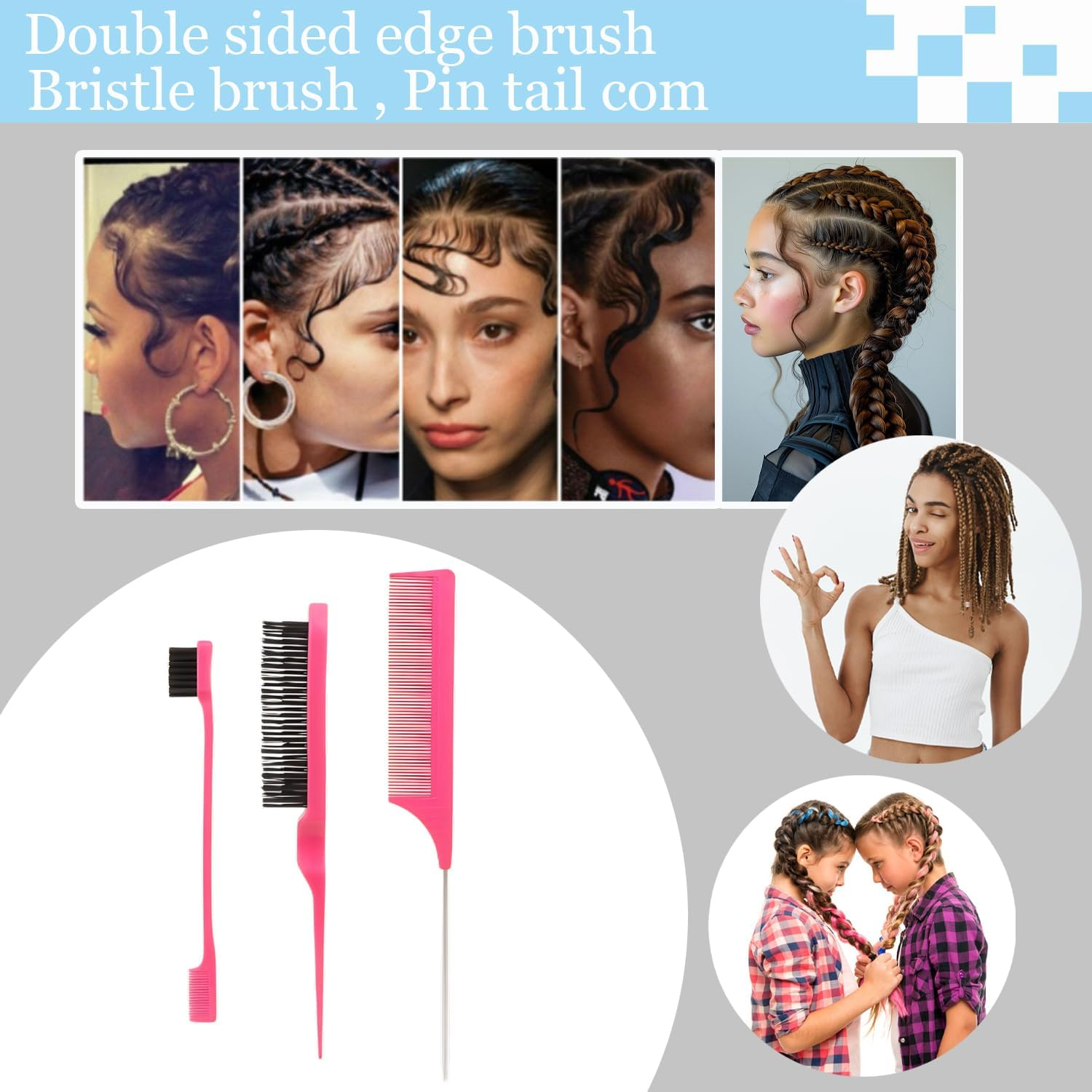 Curly Hair Brush,Curl Defining Brush plus 3 Pieces Hair Styling Comb Set(Slick Back Hair Brush,Rat Tail Comb,Edge Bristle Brush) for Combing, Shaping, Styling