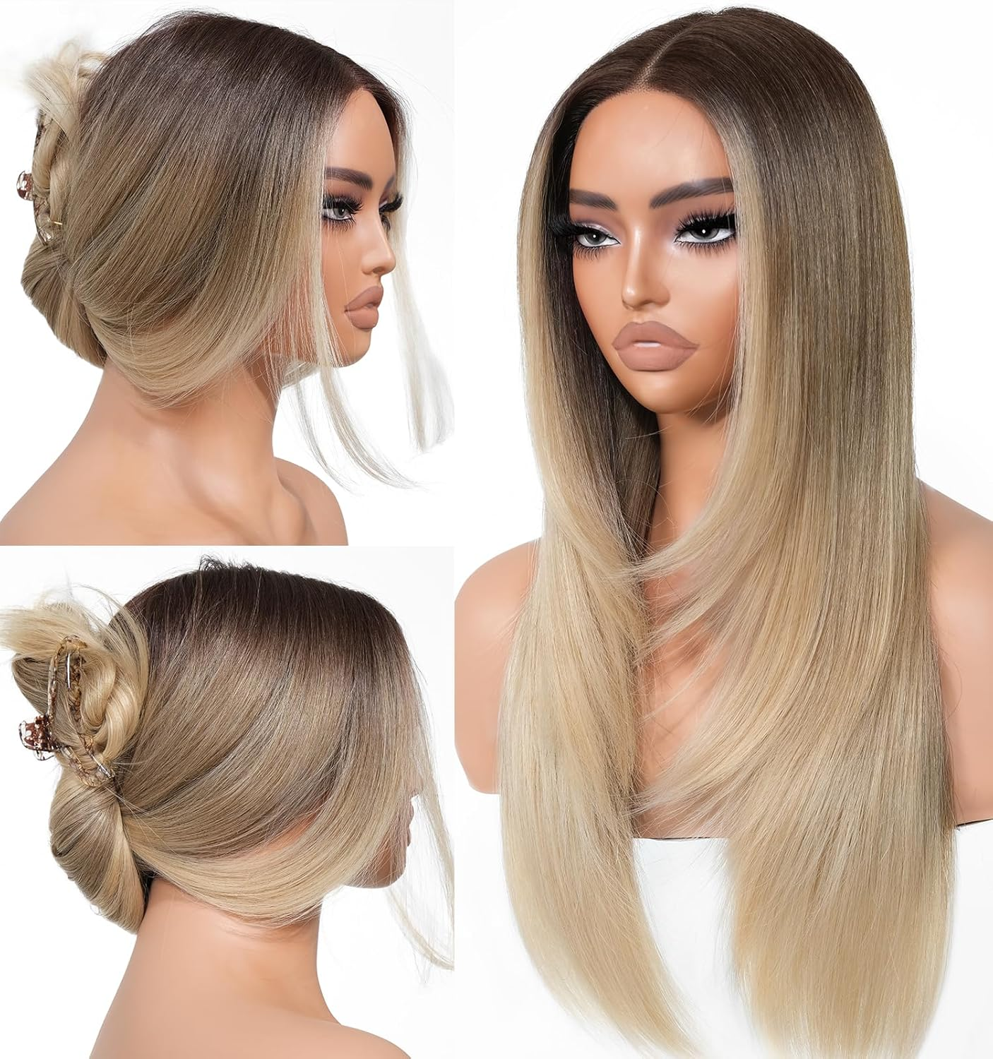 Black Blond Skunk Stripe Wear and Go Glueless Wigs Pre Plucked Pre Cut for Beginners Synthetic Lace Front Wigs with Bangs Long Straight Layered Wigs Highlights 26 Inch 3 Seconds to Wear