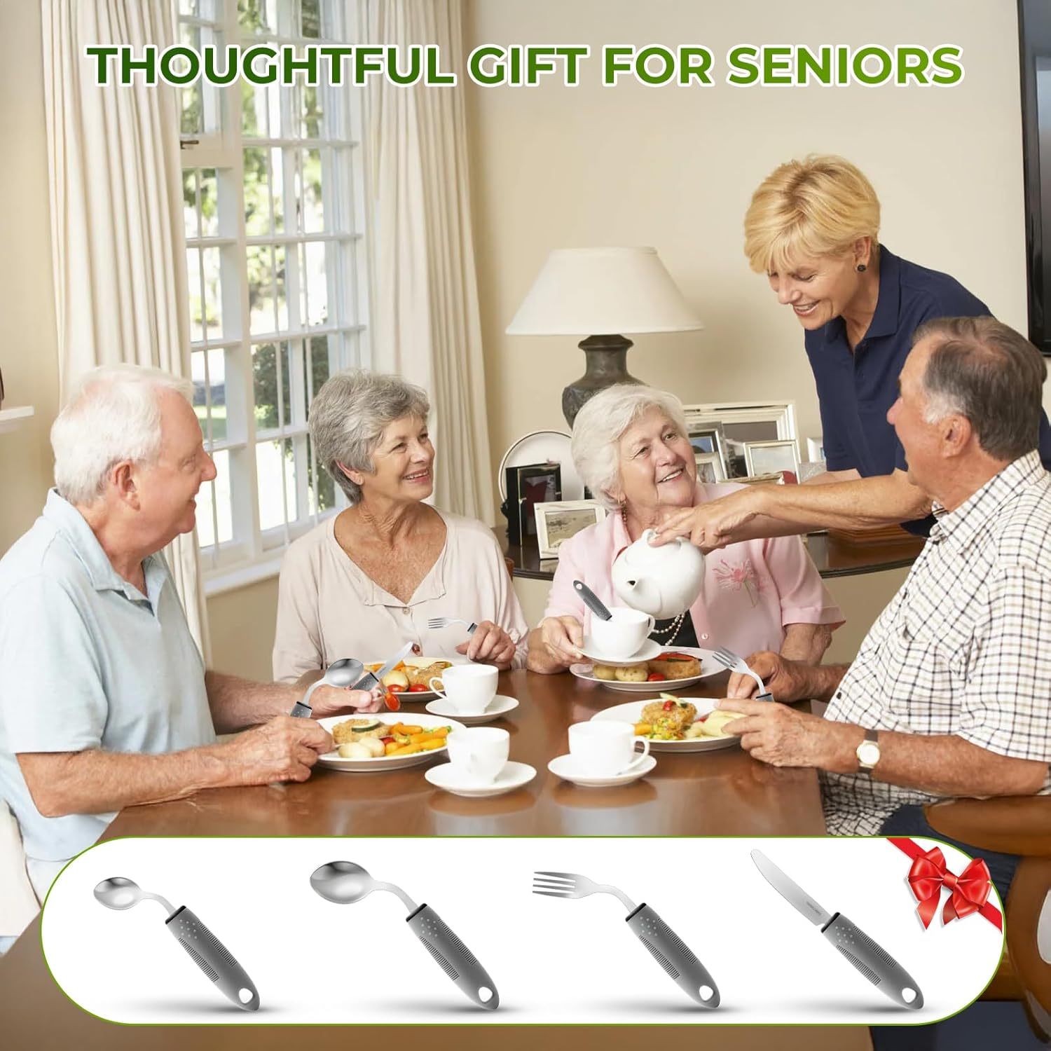 4-Piece Adaptive Utensils Set for Parkinson&rsquo;S & Hand Tremors &ndash; 42&deg; Angled, 2.5 Oz Weighted Silverware &ndash; Easy-Grip Utensils for Seniors & Arthritis (Fork, Knife, Spoon) image number 1