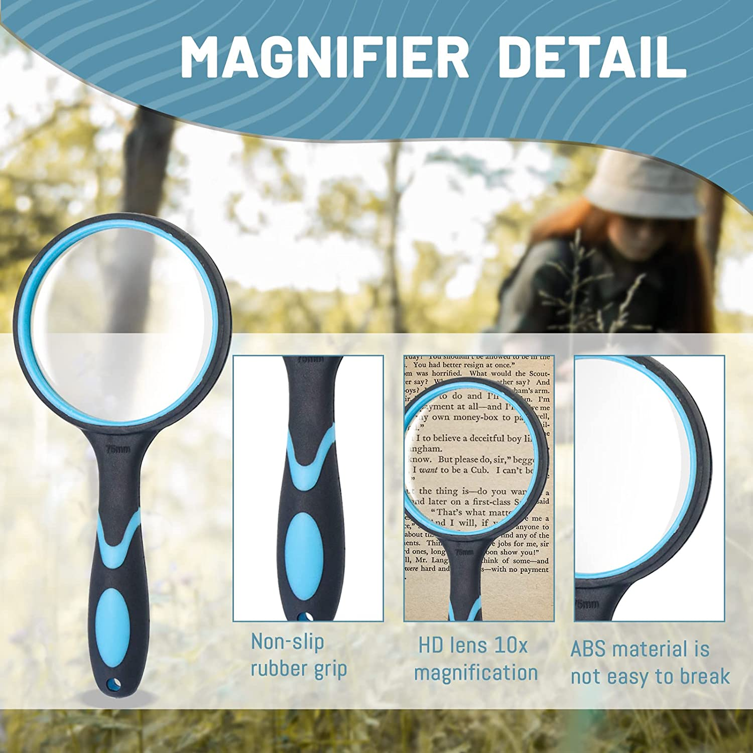 10X Magnifying Glass, Handheld Magnifier, HD 75Mm round Magnifying Lens, Reading Magnifier with Non Slip Handle, Shatter Proof Magnify Glass for Reading Observing (1Pcs) image number 3