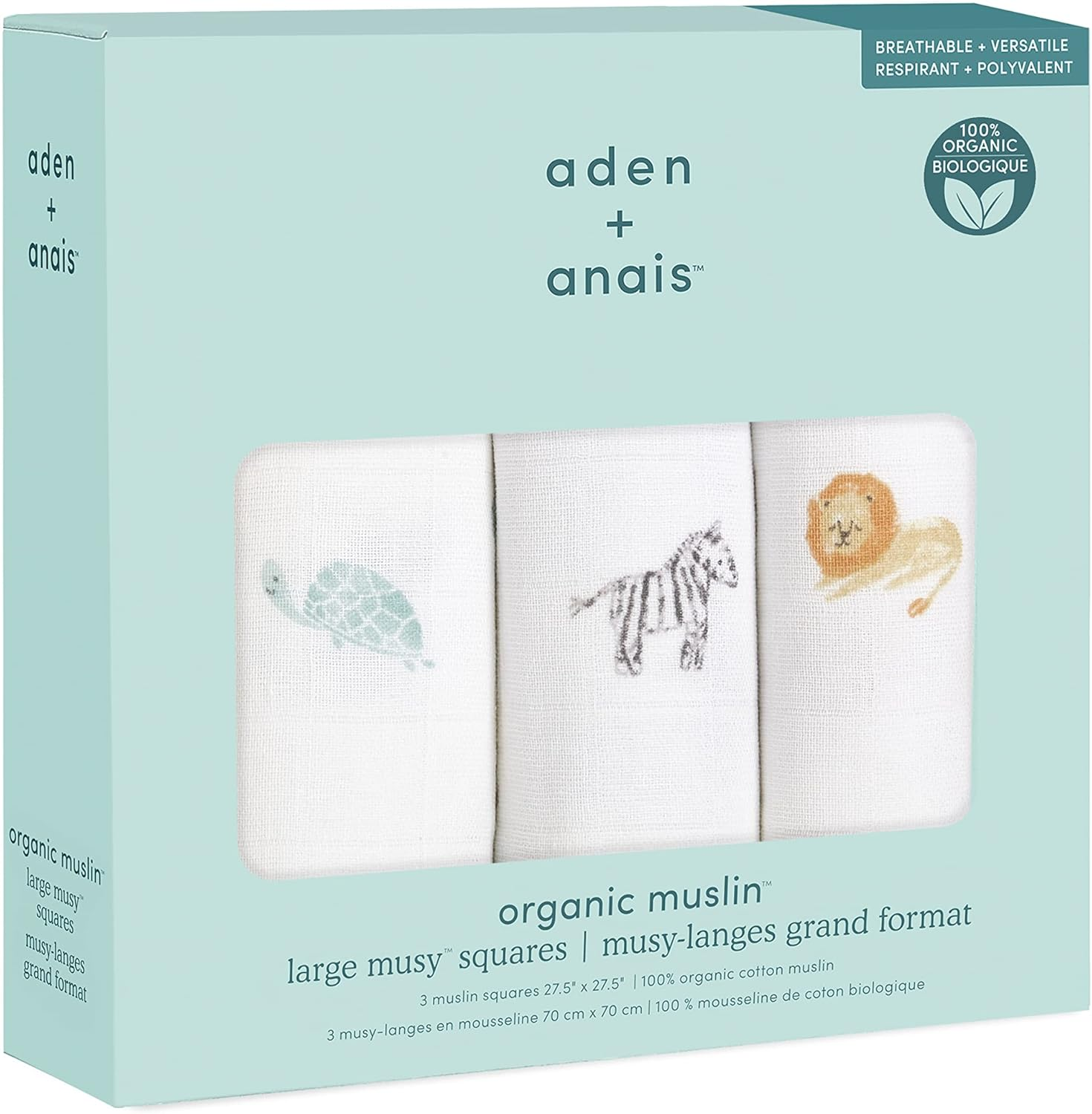 Aden + Anais&trade; Musy Squares 3 Pack Organic Cotton Muslin Outdoors (Animal Kingdom) image number 3