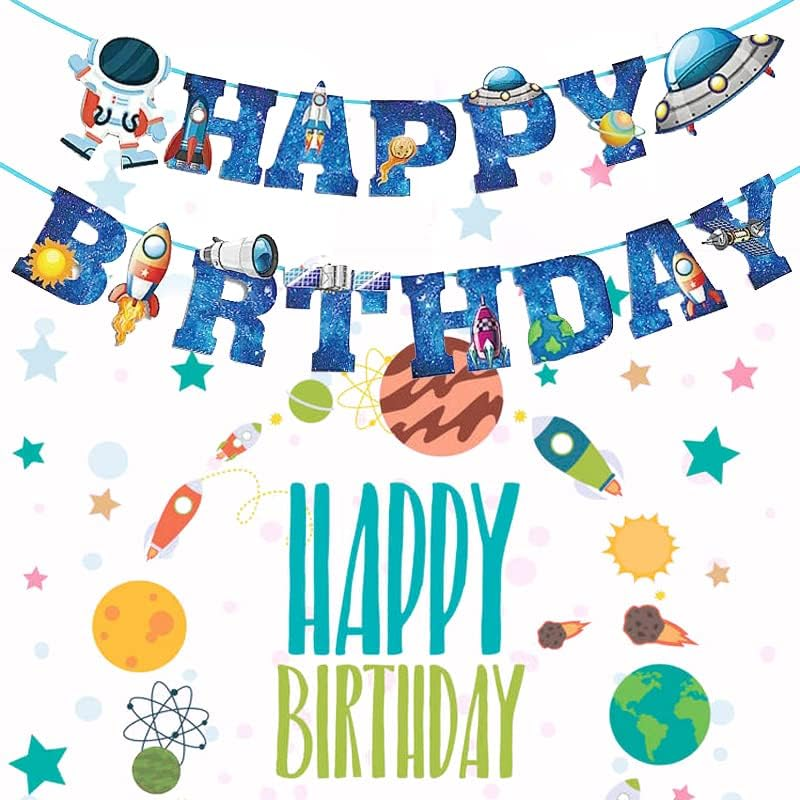 Outer Space Theme Birthday Banner Happy Birthday 15 PCS Galaxy Party Sign, Birthday Party Decorations，Outer Space Theme Decorations, Astronaut Party Supplies. image number 4