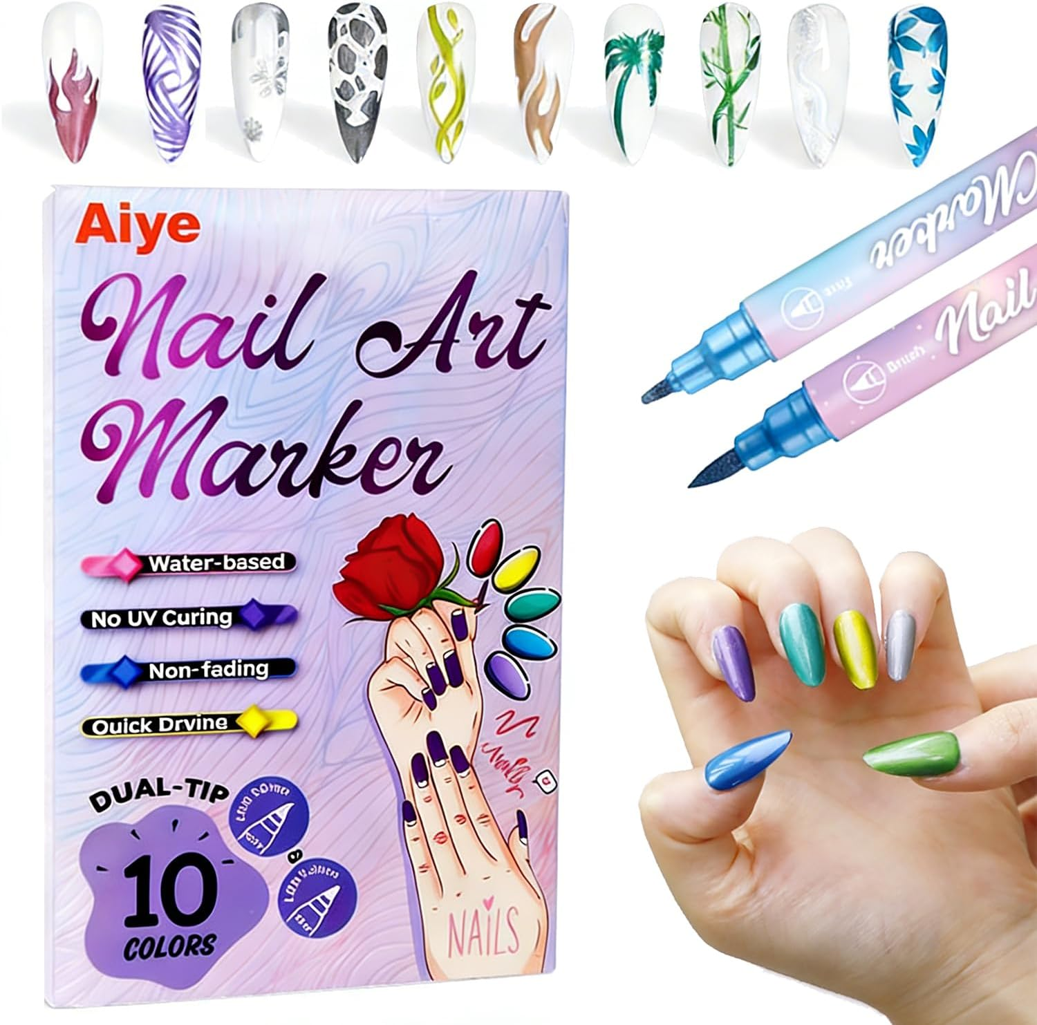 10 Color Metal Nail Art Pens Set, 3D Double Ended Nail Art Markers Graffiti Acrylic Paint Pen, Quick-Drying Dotting Drawing Painting Liner Pen for Home Salon Manicure DIY Tool image number 5