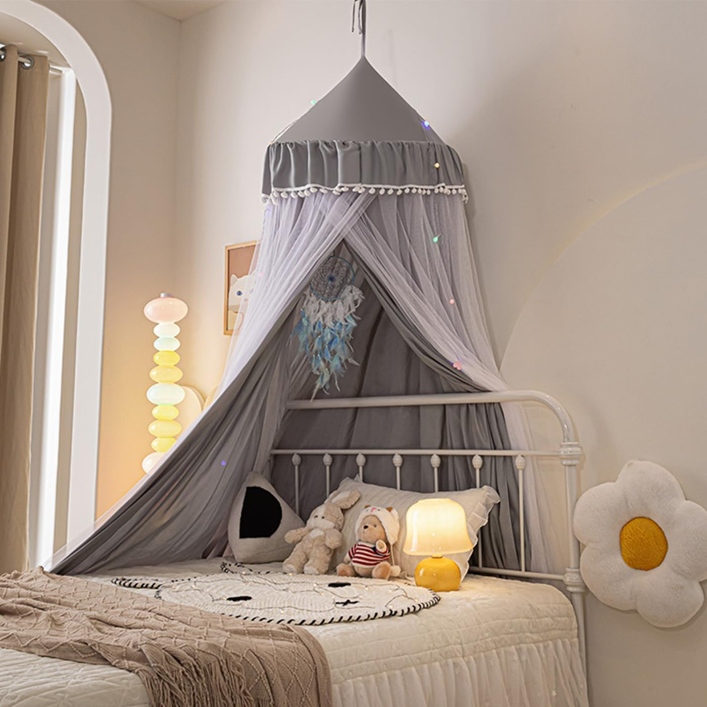 Bed Canopy for Kids Room, Double Layer Mosquito Net with Lights Hanging Play Tent Child Reading Nook round Dome Canopies Princess Castle Dreamy Bedding for Crib Girls Room House D&eacute;cor