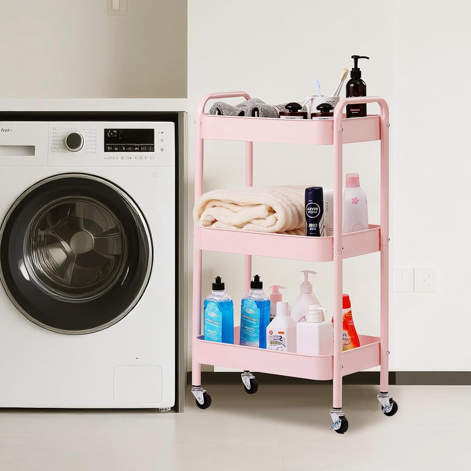 Tiita 3 Tier Rolling Utility Cart, Metal Storage Utility Organizer Cart with Wheels, Slim Rolling Cart Organizer for Kitchen, Bathroom, Office, Pink image number 3