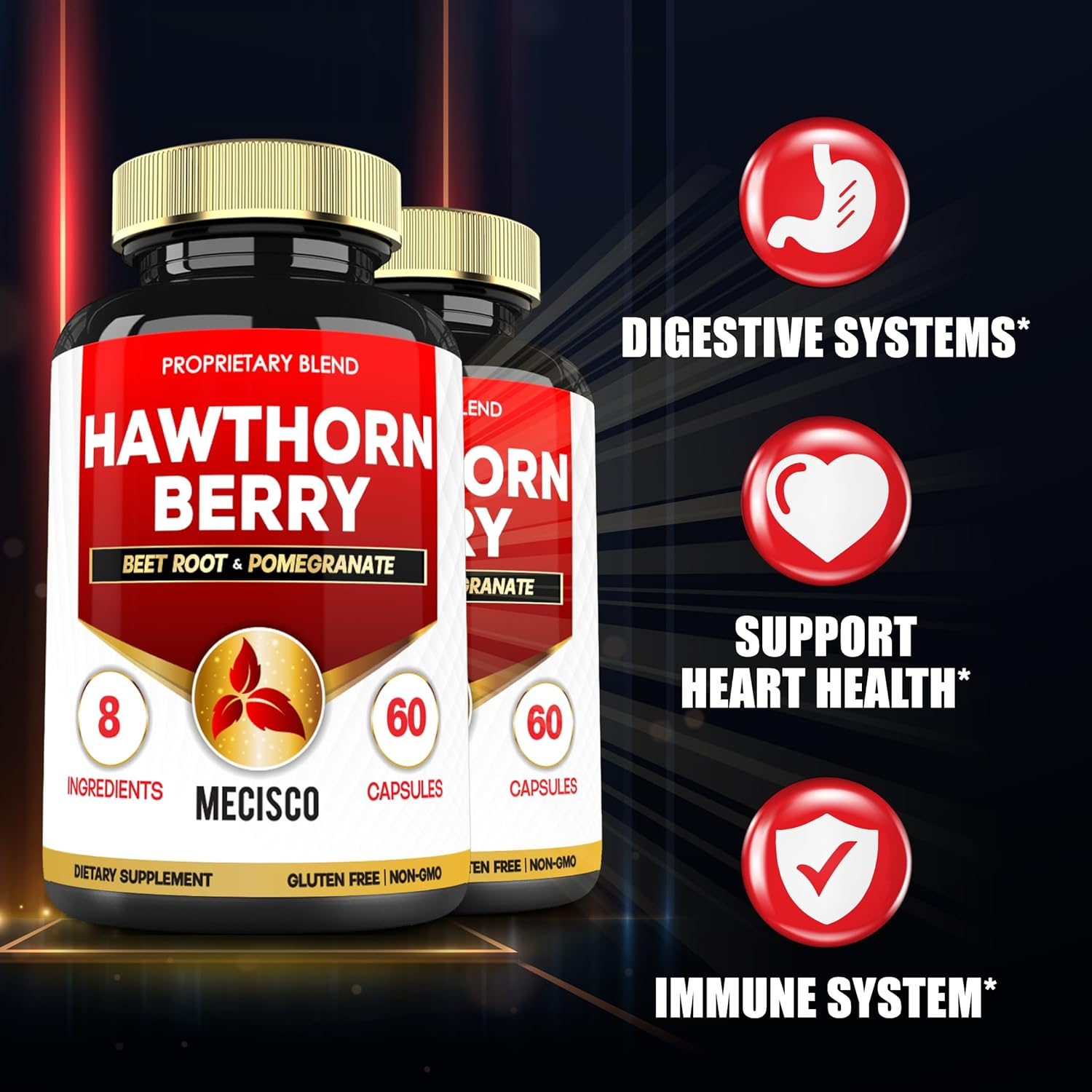 2 Packs Hawthorn Berry Supplements- Beet Root, Pomegranate, Hibiscus Flower, Ceylon Cinnamon, Olive Leaf, Turmeric Curcumin, Black Pepper - Blood Pressure & Immune Supports - 4105 Mg (120 Cap) image number 1