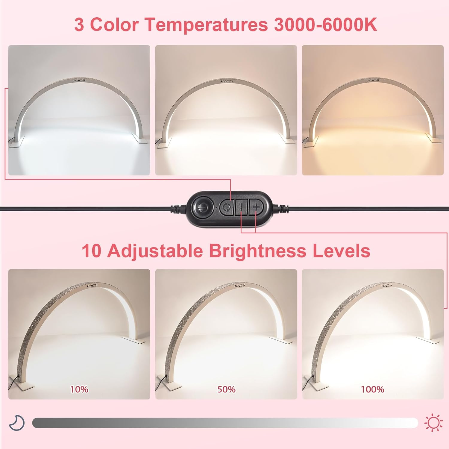 KADS Half Moon Nail Desk Lamp, Half Moon Light for Nail Desk, Lash Light for Eyelash Extensions with 3 Color Temperature 3000K-6500K for Manicure, Lash, Tattoo, Skincare (Large, White) - Pink image number 4