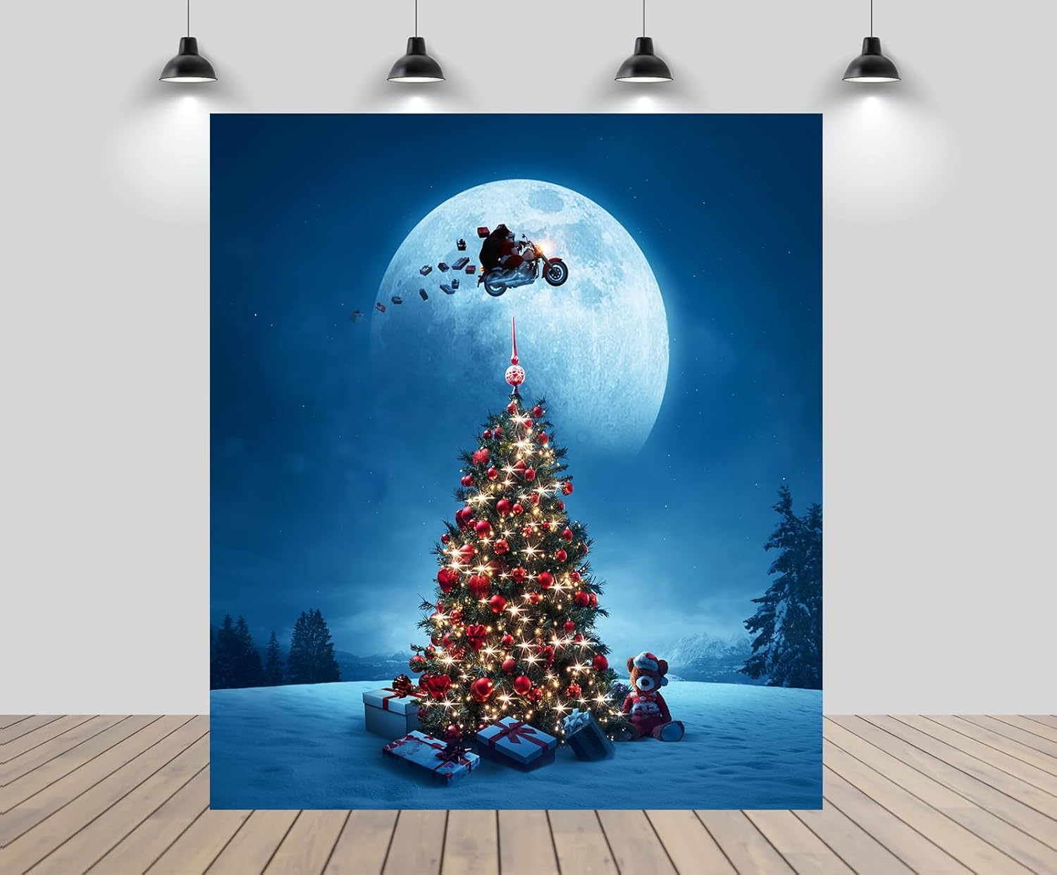 5X7Ft Christmas Tree Backdrop Winter Wonderland Santa Claus Full Moon Pine Forest Gift Boxes Bear Starry Sky Background Winter Christmas Eve New Year Party Decor Photo Booth Studio Props image number 3