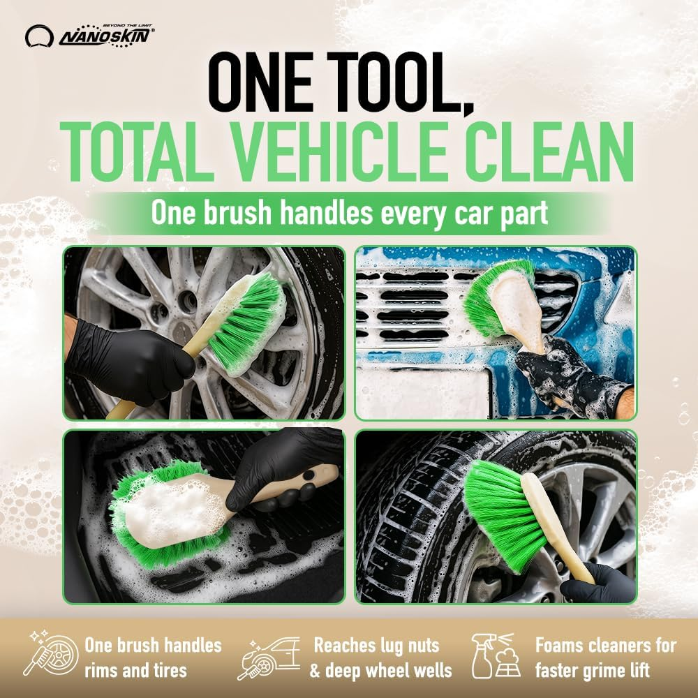 Nanoskin Pro-Grade 8.5" Car Detailing Brush - Durable Green Polystyrene Flagged Bristles, Acid Resistant, Gentle Surface Cleaning, Auto Wash, Tire & Wheel Scrub, Professional Automotive Detailer Tool image number 2