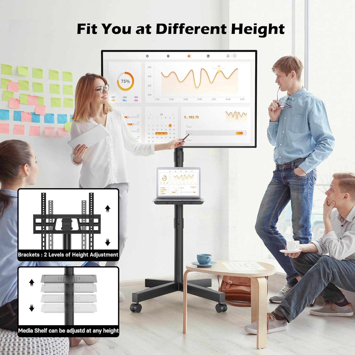 BONTEC Mobile TV Stand, Tilt Rolling TV Cart with Media Shelf & Locking Wheels, Fits 23-60&rdquo; LED, LCD, OLED Flat Curved Tvs, Max VESA 400X400Mm (Black) image number 4