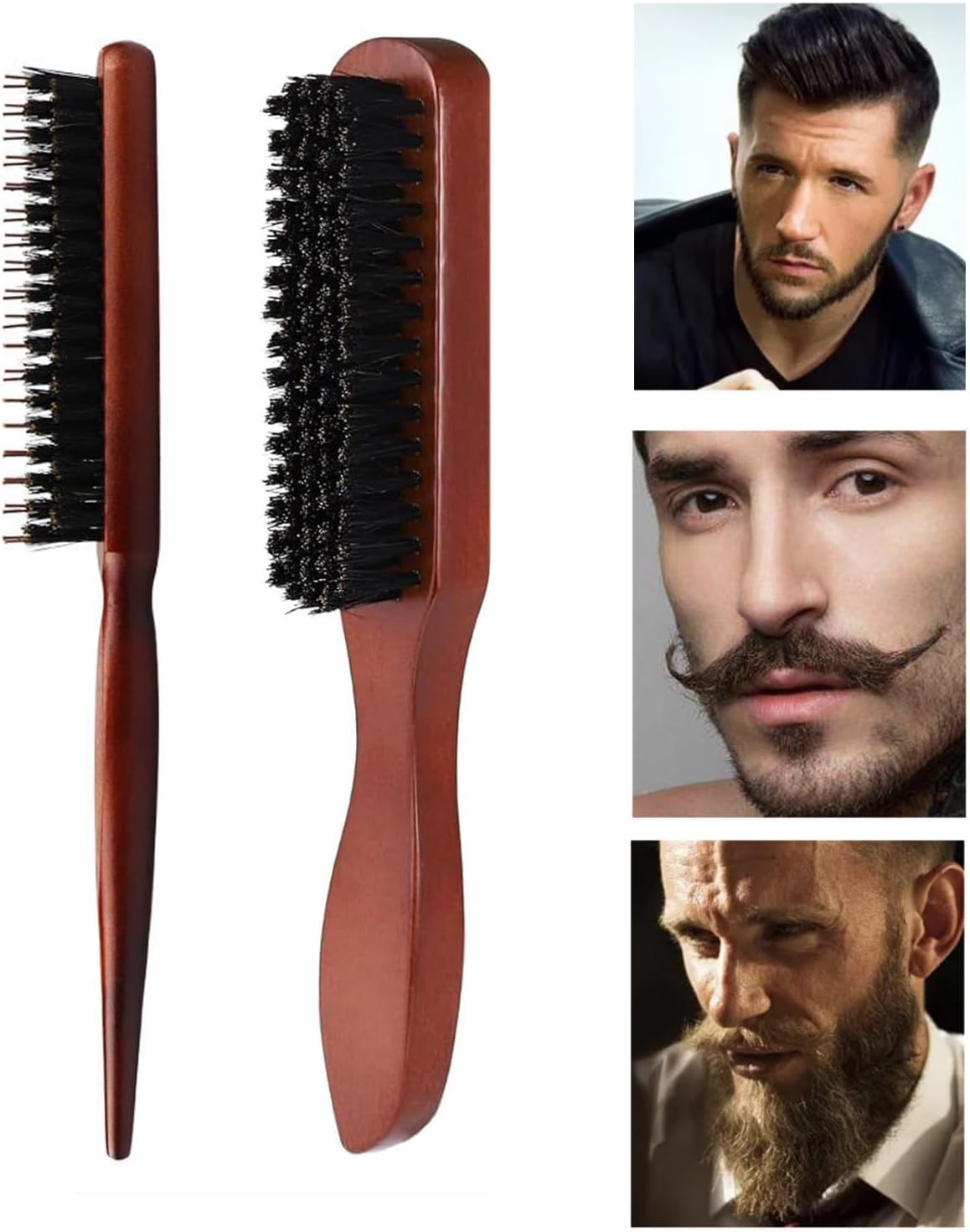 Weforu 5Pcs Boar Bristle Brush Set, anti Static Quiff Roller Hair Brush for Men and Women, Wooden Handle Bristle Slick Back Teasing Boar Bristle Sleek Styling Hair Brush image number 2