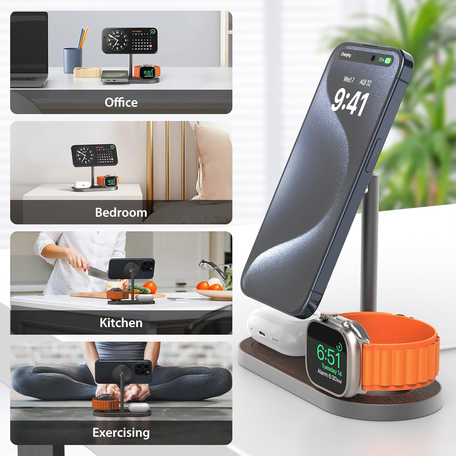 KU XIU X23 PRO Magnetic Wireless Charger Stand, 3 in 1 Wireless Charging Station for Iphone 17/16/15/14/13/12, 5W for Iwatch Ultra/Se/S11-4, Airpods 4/3/2/Pro - Wood Grain image number 2