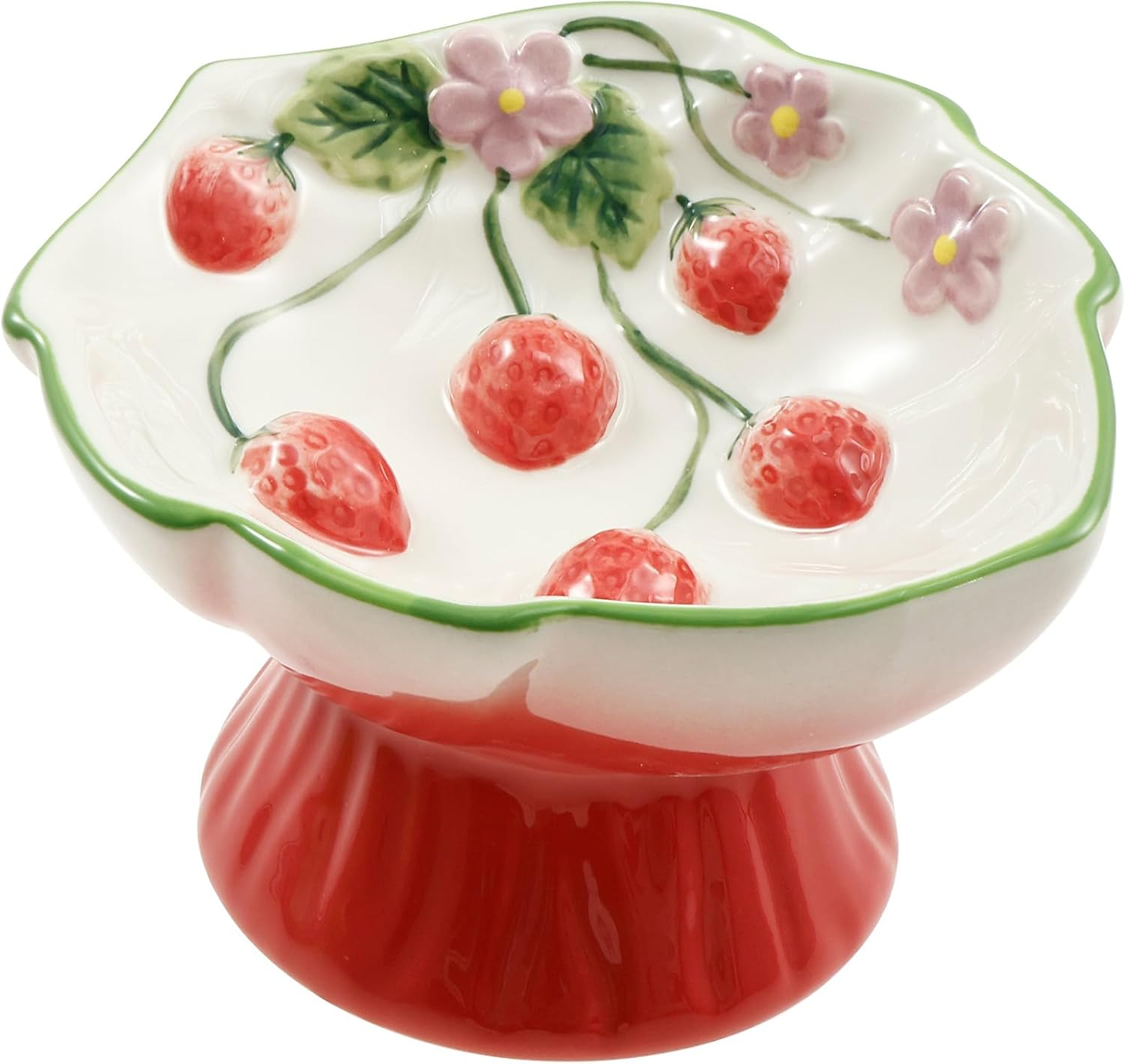 Raised Slow Feeder Cat Bowl, Ceramic Elevated Small Cat Food Bowl, 15&deg;Titled Glass Food Bowls Small Dogs Slow Feeder, Strawberry Shaped Cute Pet Dish for Dry and Wet Foods(Pink)